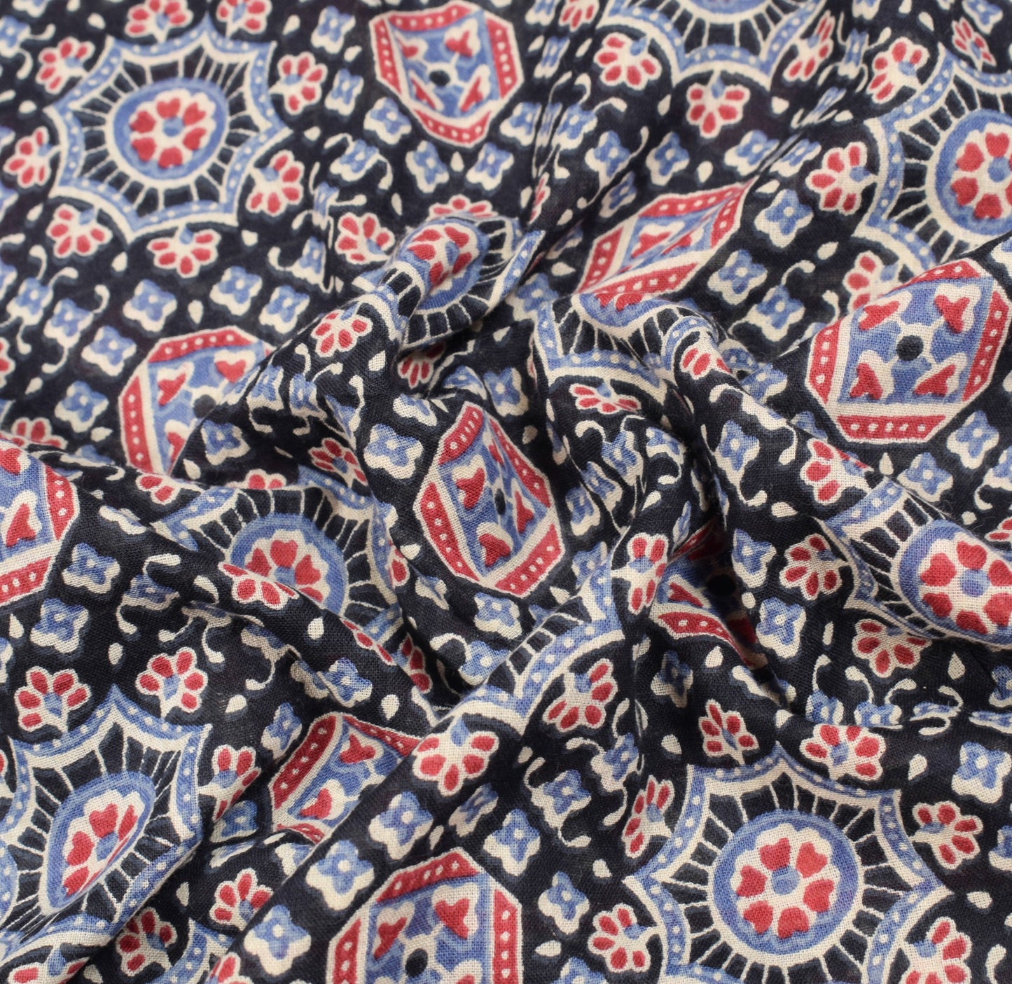 Sushila Vintage Black Saree Pure Cotton Ajrakh Hand Block Print Sari Soft Fabric