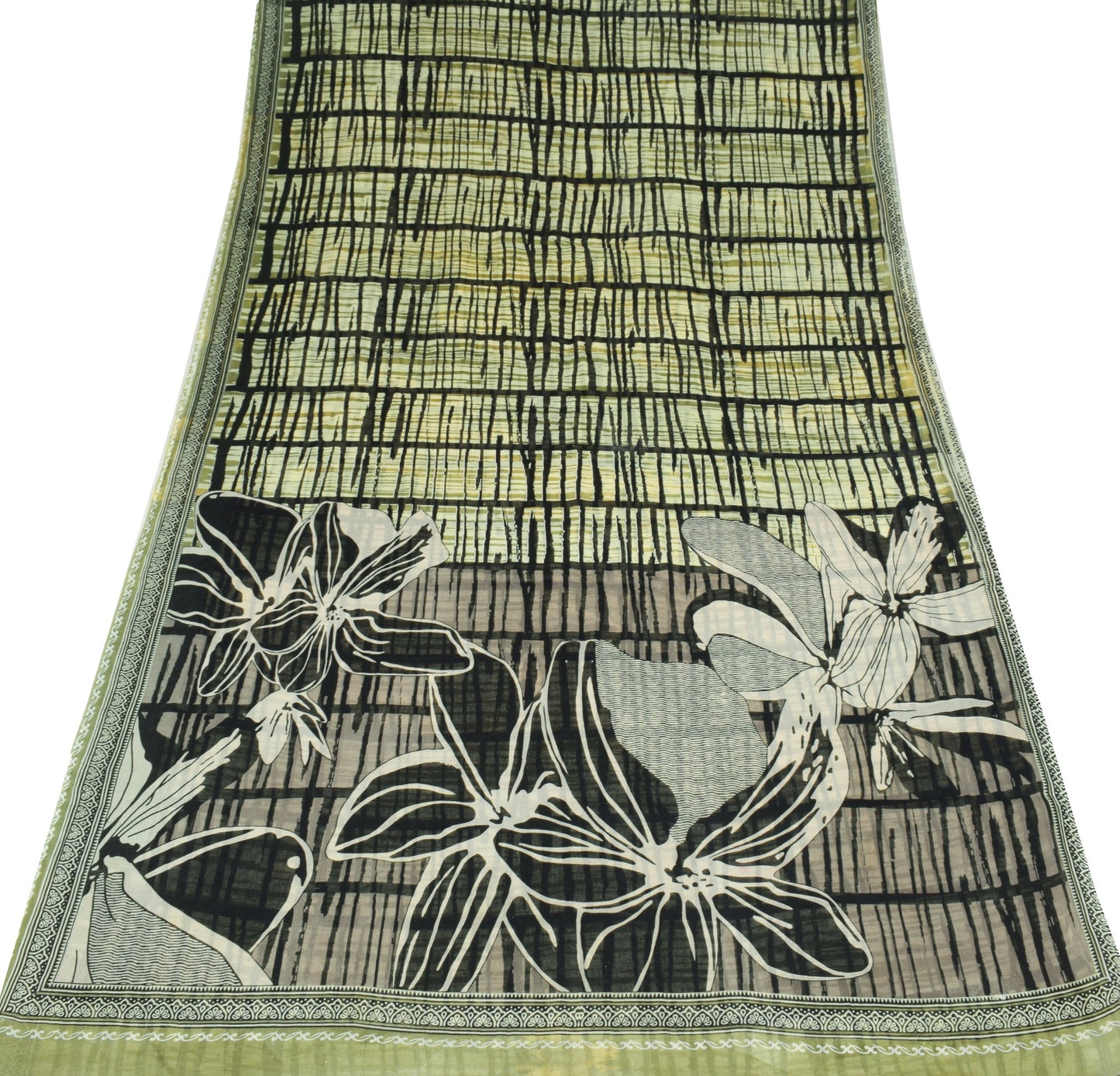 Sushila Vintage Green Black Saree Pure Cotton Printed Indian Soft Craft Fabric