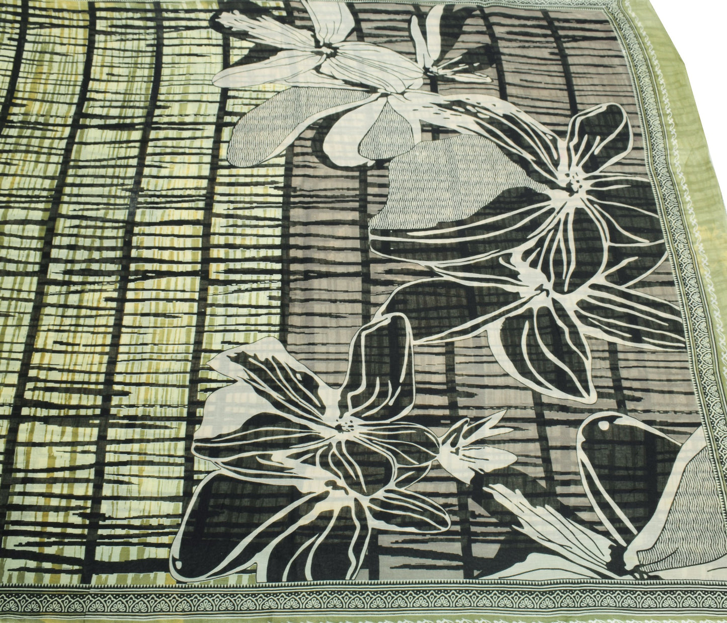 Sushila Vintage Green Black Saree Pure Cotton Printed Indian Soft Craft Fabric