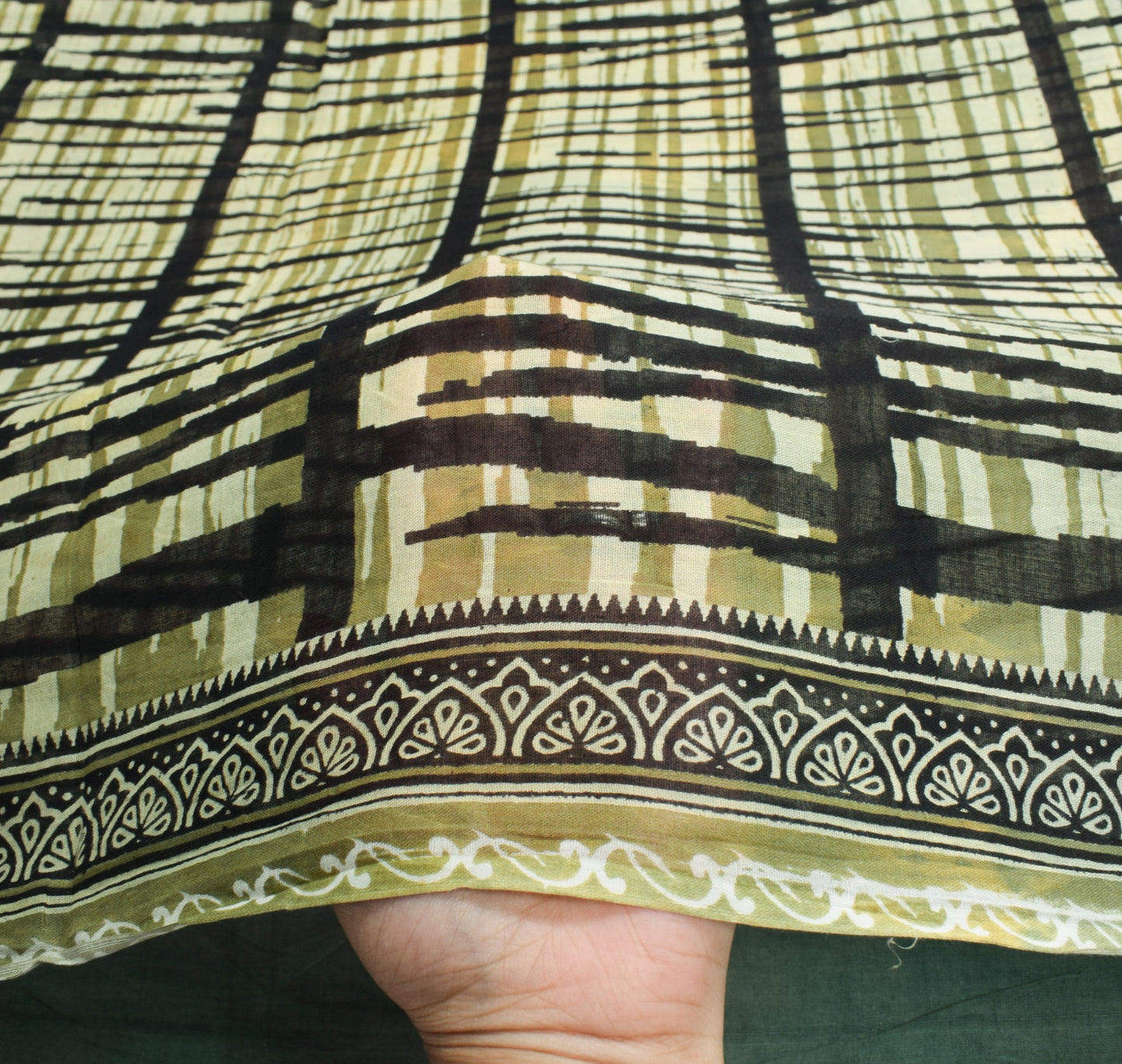 Sushila Vintage Green Black Saree Pure Cotton Printed Indian Soft Craft Fabric