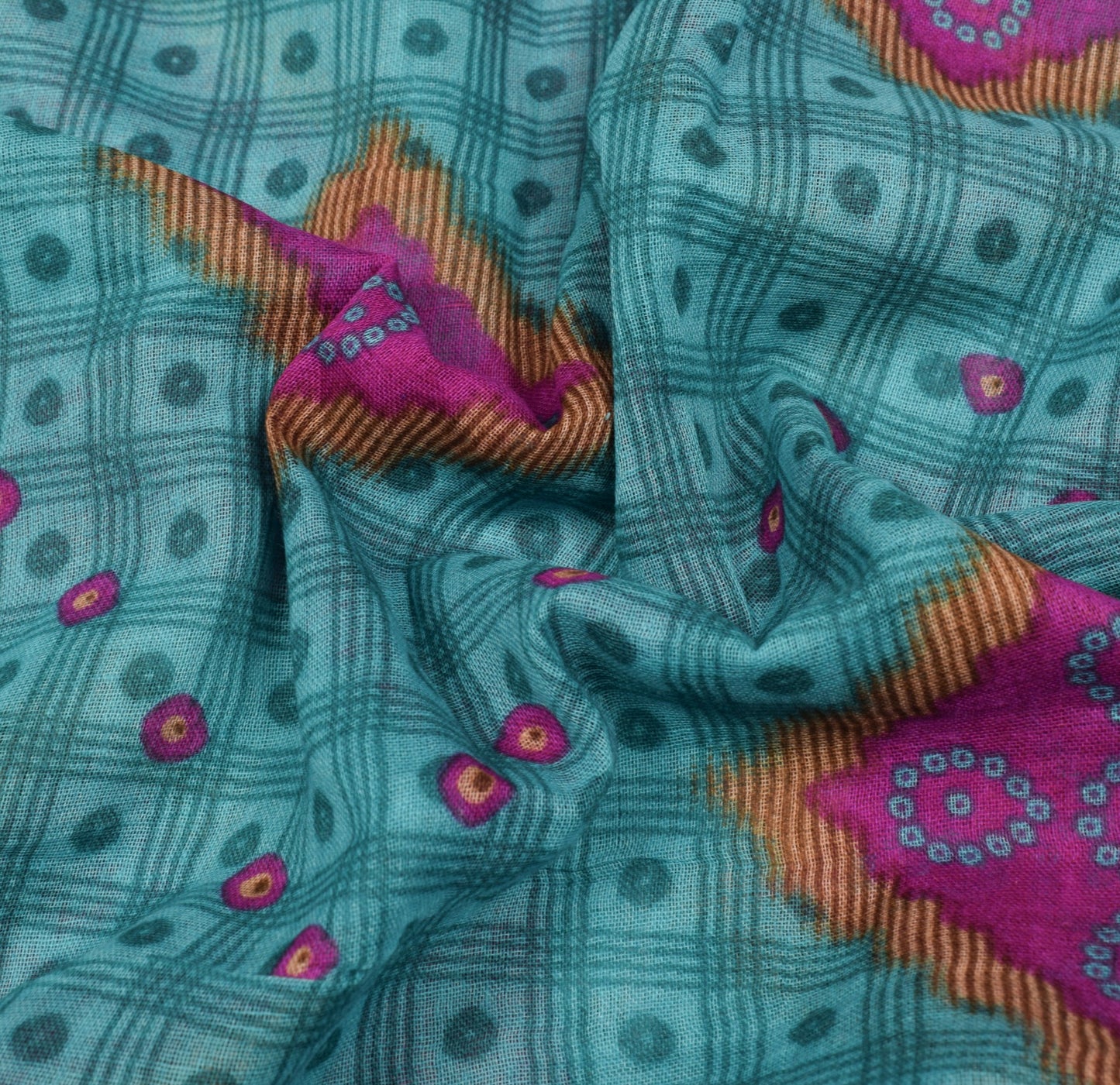 Sushila Vintage Teal Blue Saree 100% Pure Cotton Printed Bandhani Craft Fabric