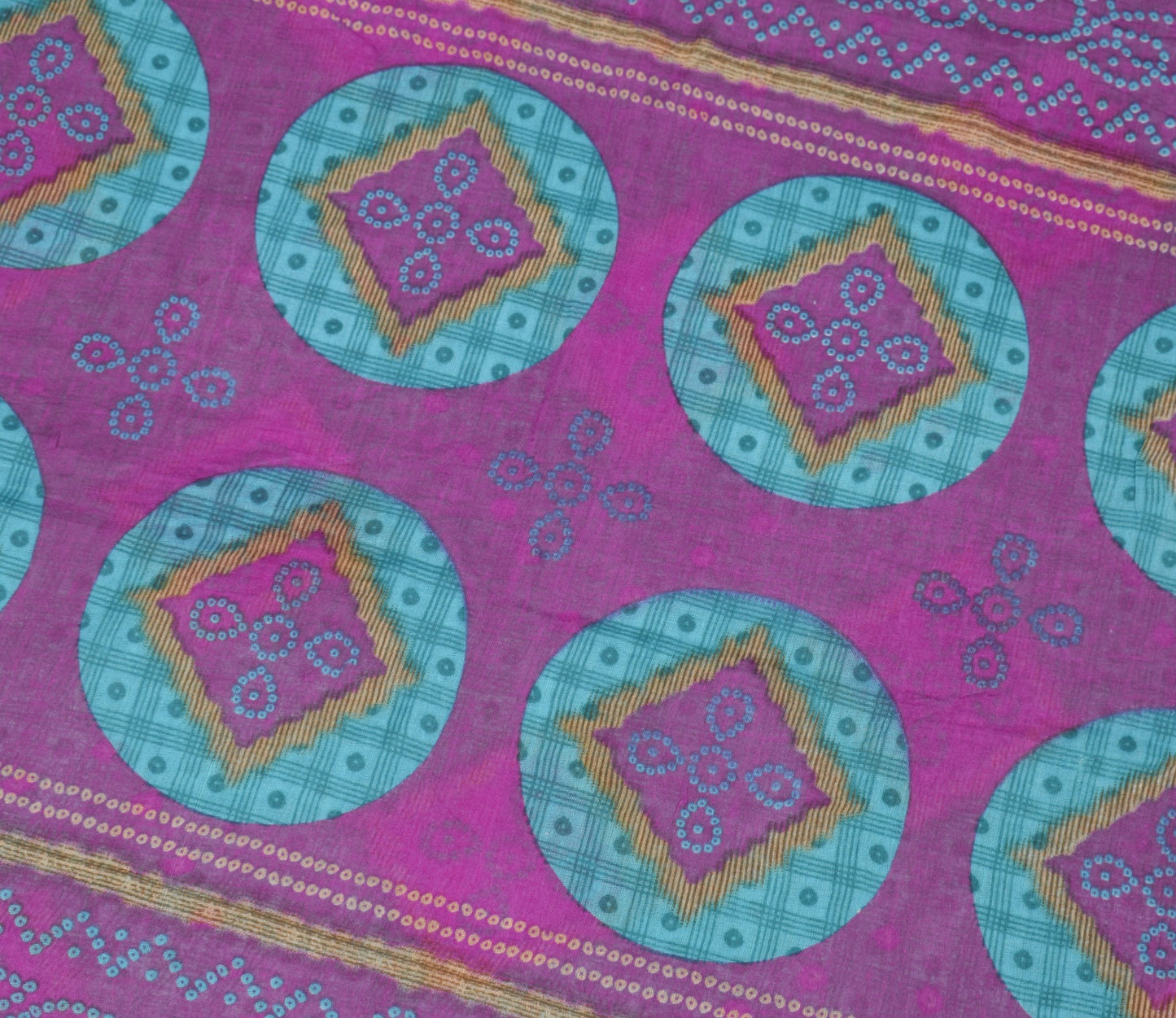 Sushila Vintage Teal Blue Saree 100% Pure Cotton Printed Bandhani Craft Fabric