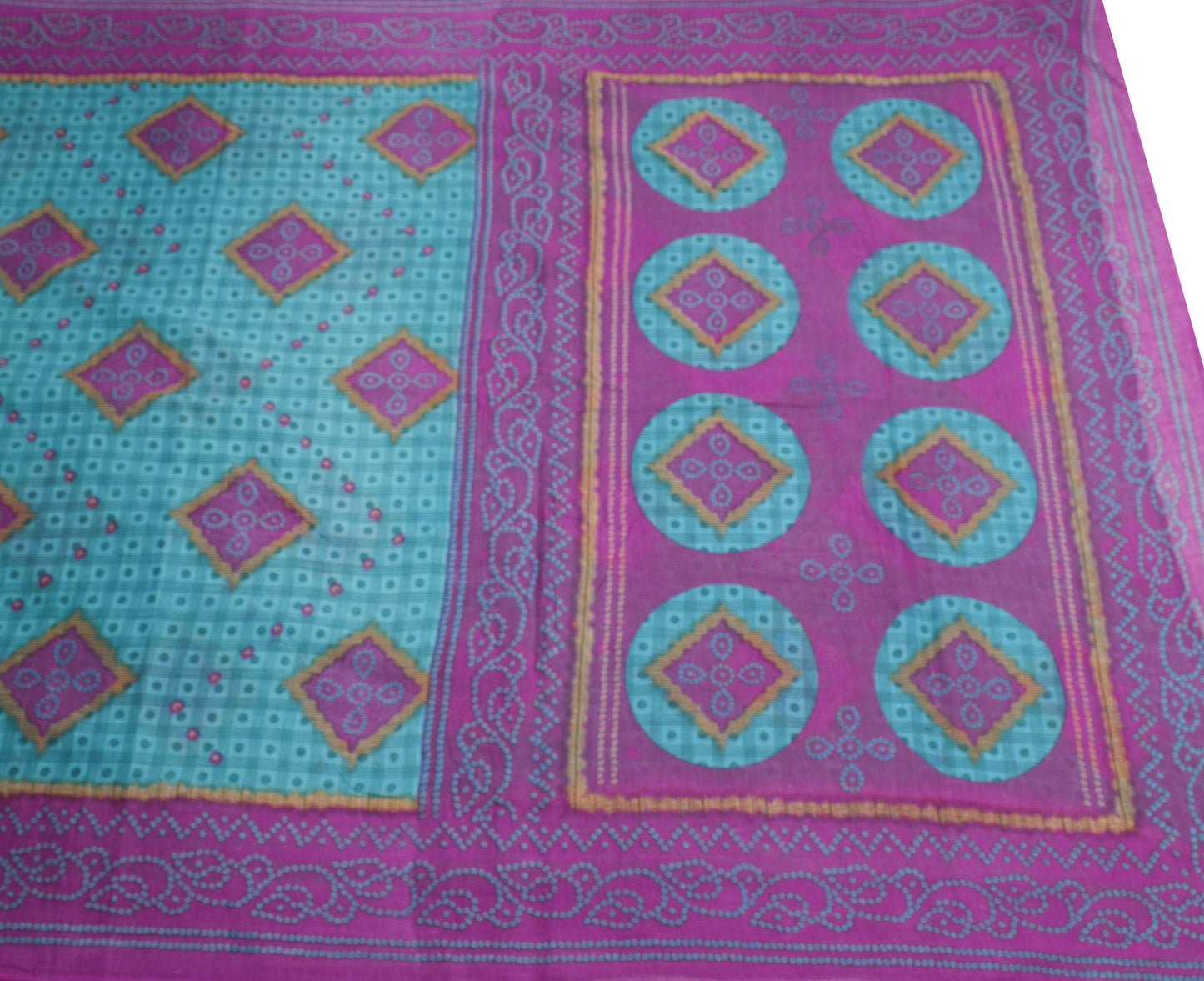 Sushila Vintage Teal Blue Saree 100% Pure Cotton Printed Bandhani Craft Fabric