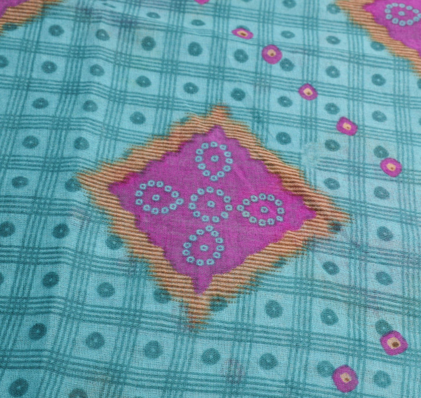 Sushila Vintage Teal Blue Saree 100% Pure Cotton Printed Bandhani Craft Fabric