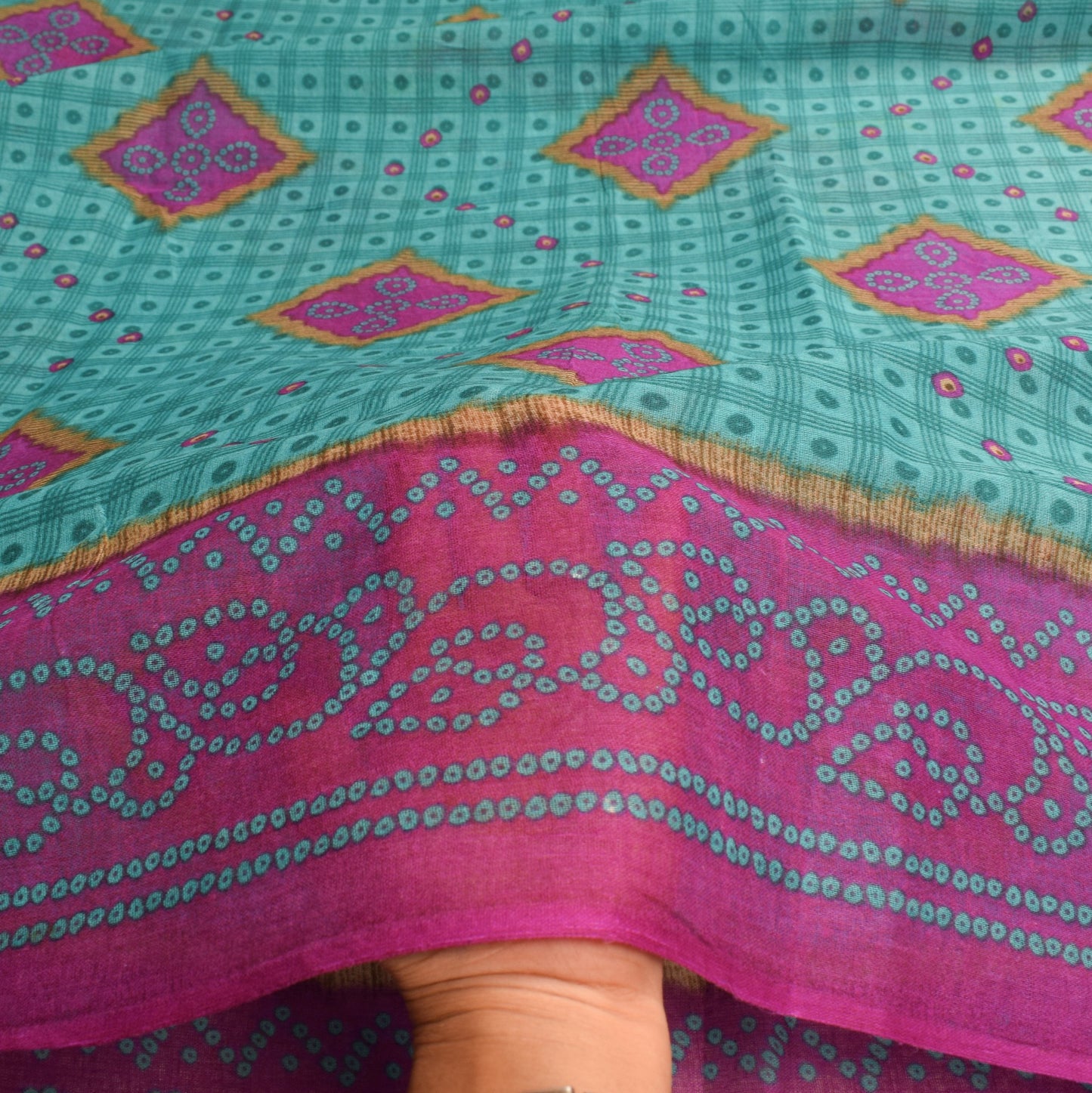 Sushila Vintage Teal Blue Saree 100% Pure Cotton Printed Bandhani Craft Fabric
