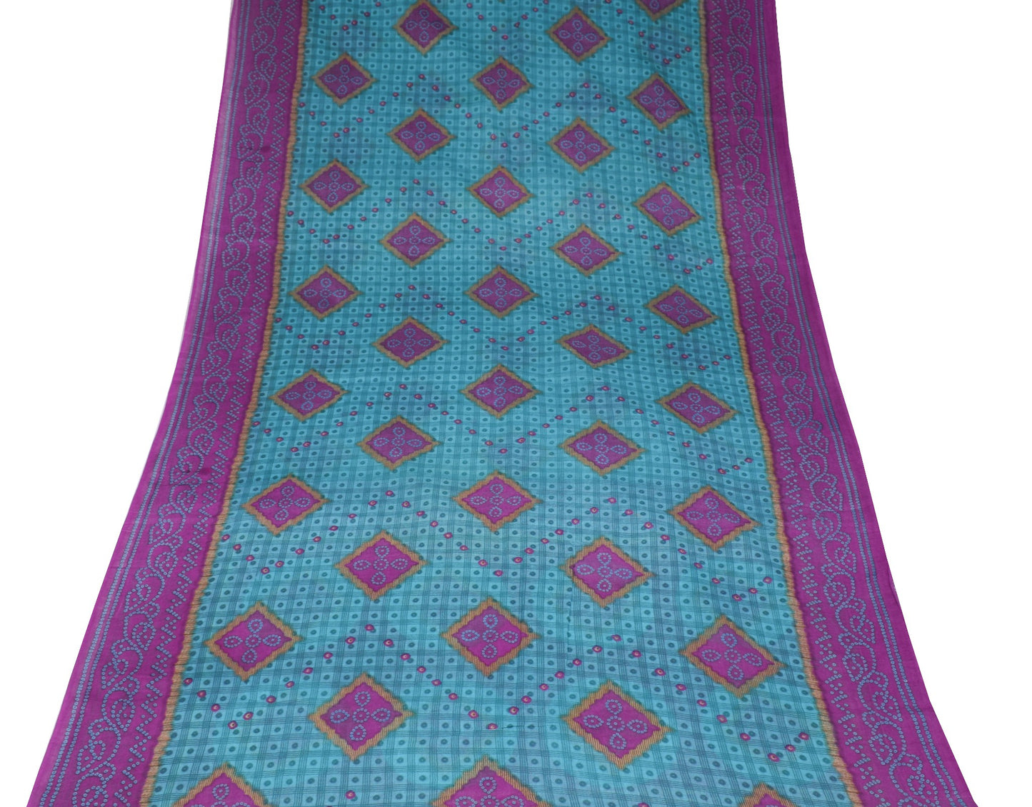 Sushila Vintage Teal Blue Saree 100% Pure Cotton Printed Bandhani Craft Fabric