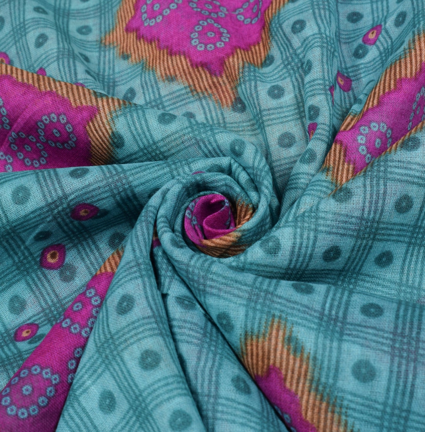 Sushila Vintage Teal Blue Saree 100% Pure Cotton Printed Bandhani Craft Fabric