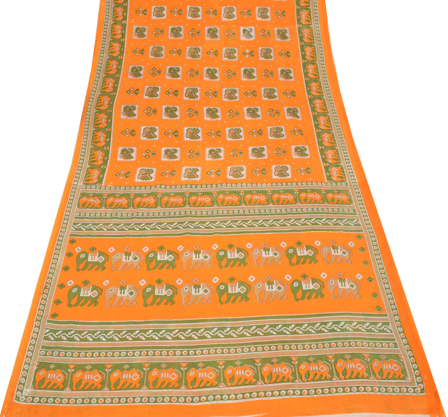 Sushila Vintage Orange Saree Pure Cotton Printed Birds&Animals Sari Soft Fabric