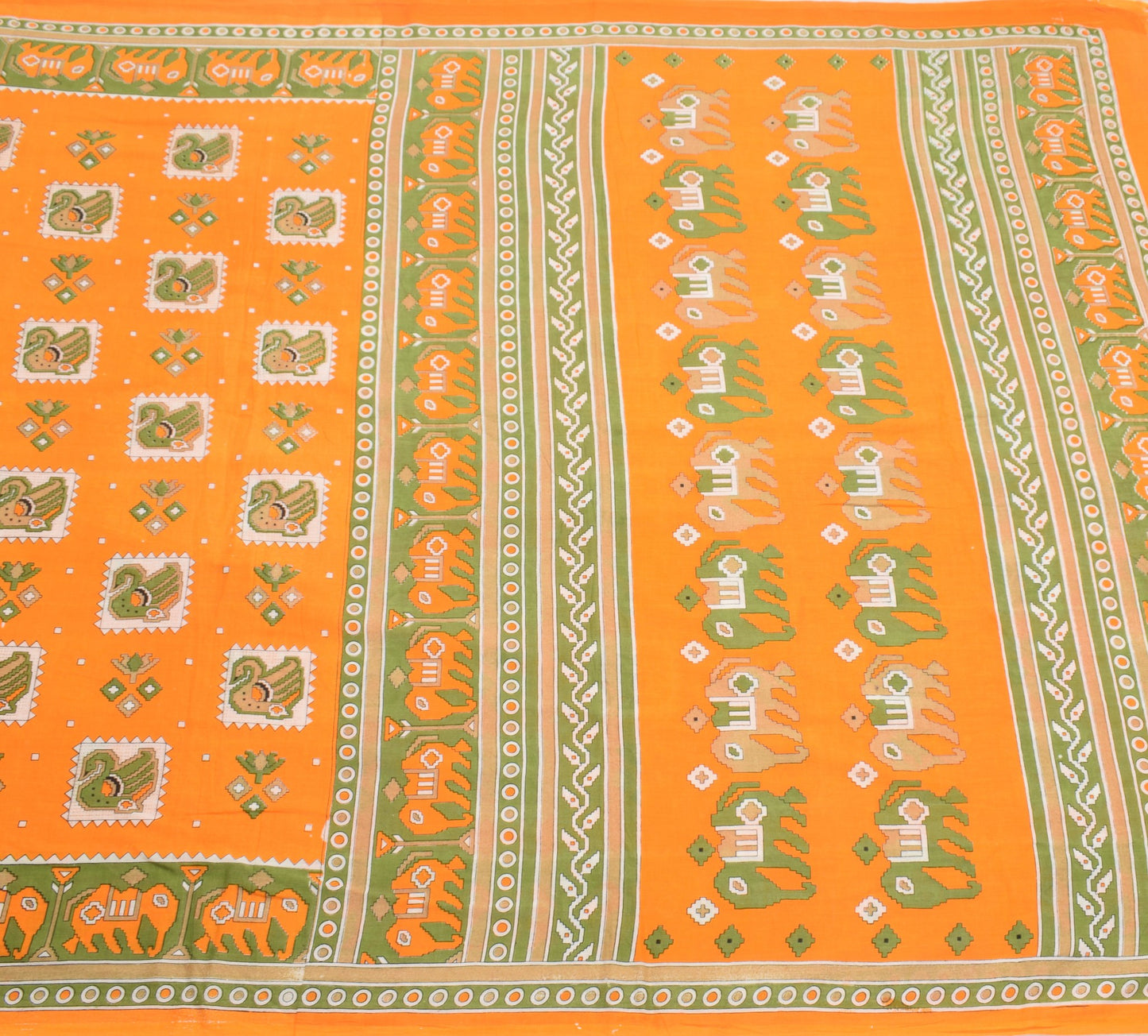 Sushila Vintage Orange Saree Pure Cotton Printed Birds&Animals Sari Soft Fabric