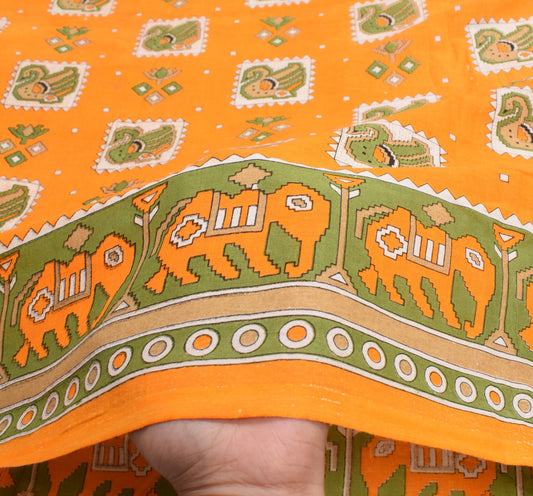 Sushila Vintage Orange Saree Pure Cotton Printed Birds&Animals Sari Soft Fabric