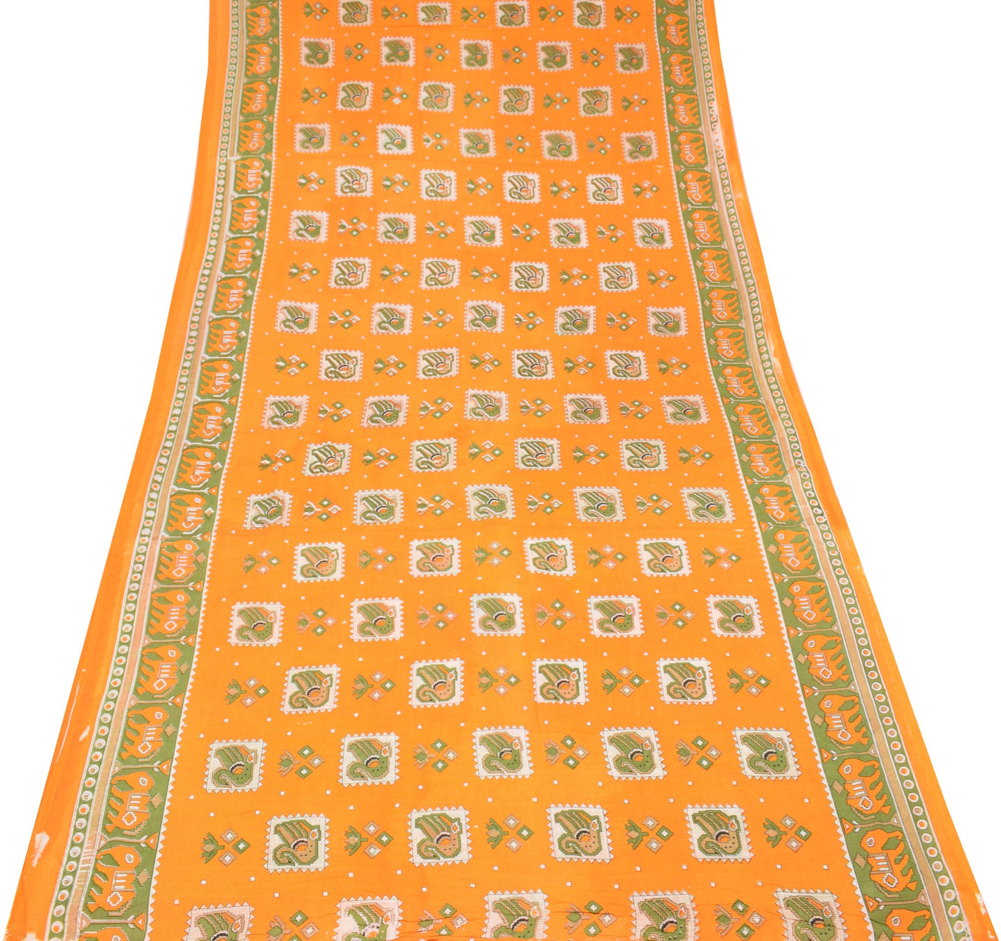Sushila Vintage Orange Saree Pure Cotton Printed Birds&Animals Sari Soft Fabric