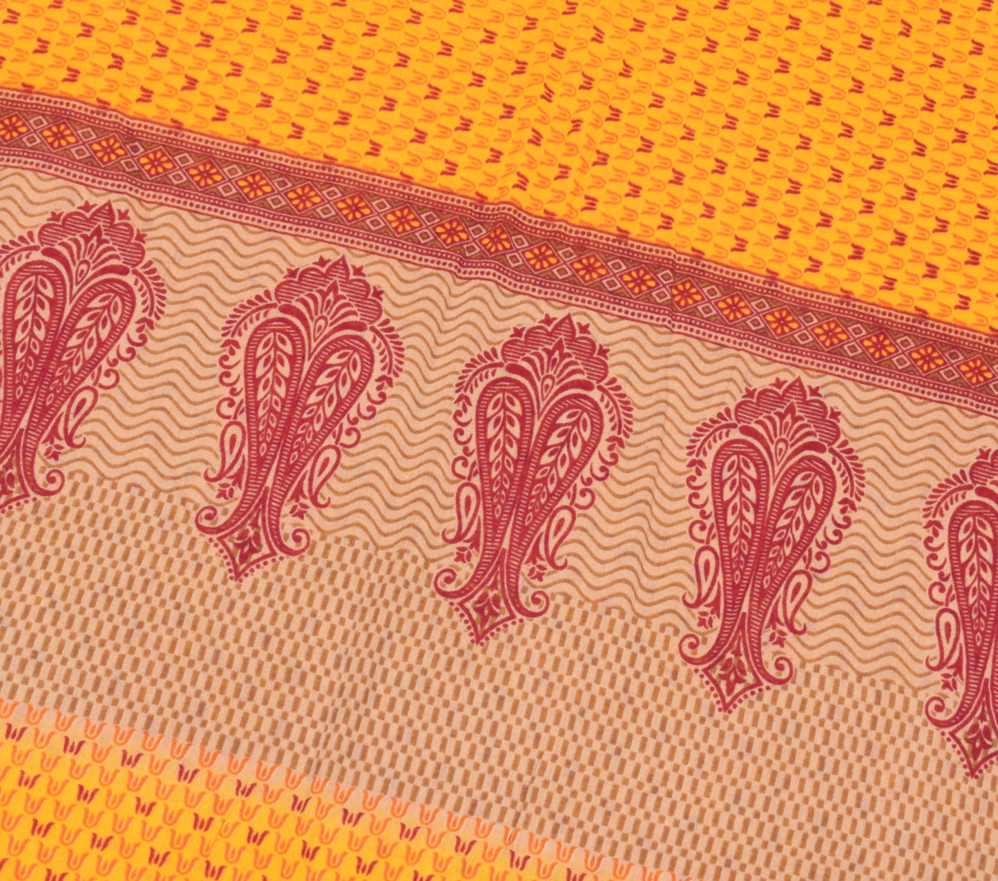 Sushila Vintage Yellow Saree 100% Pure Cotton Printed Indian Soft Craft Fabric