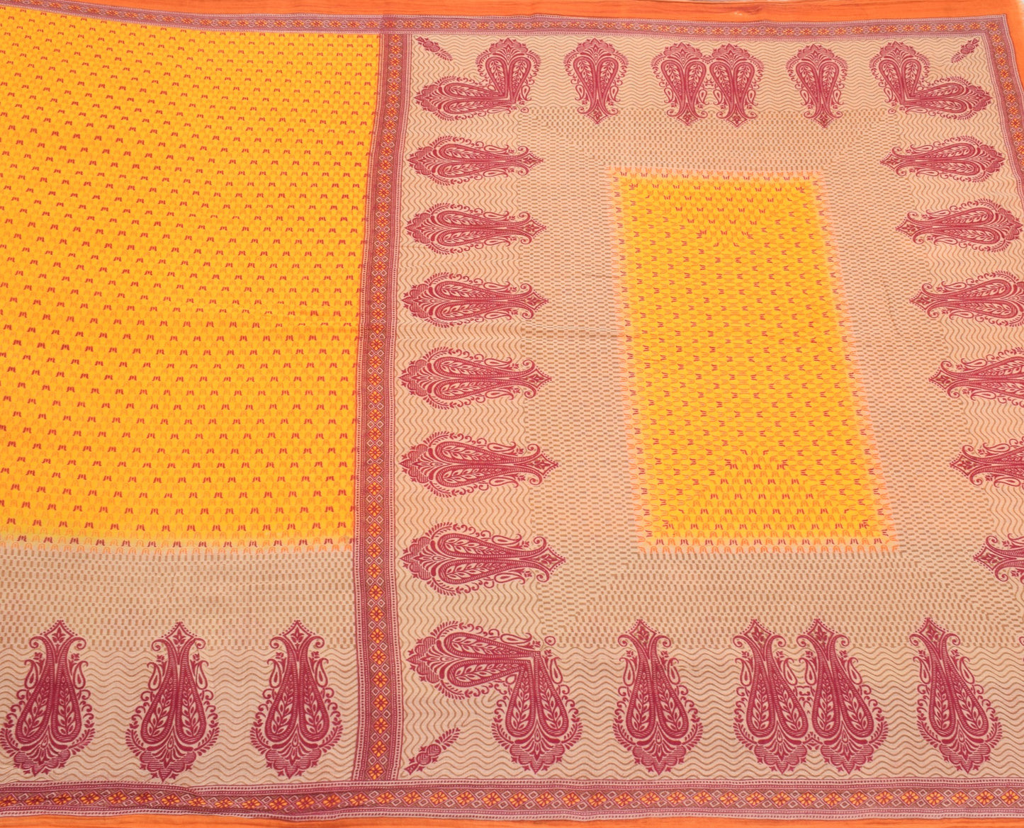 Sushila Vintage Yellow Saree 100% Pure Cotton Printed Indian Soft Craft Fabric