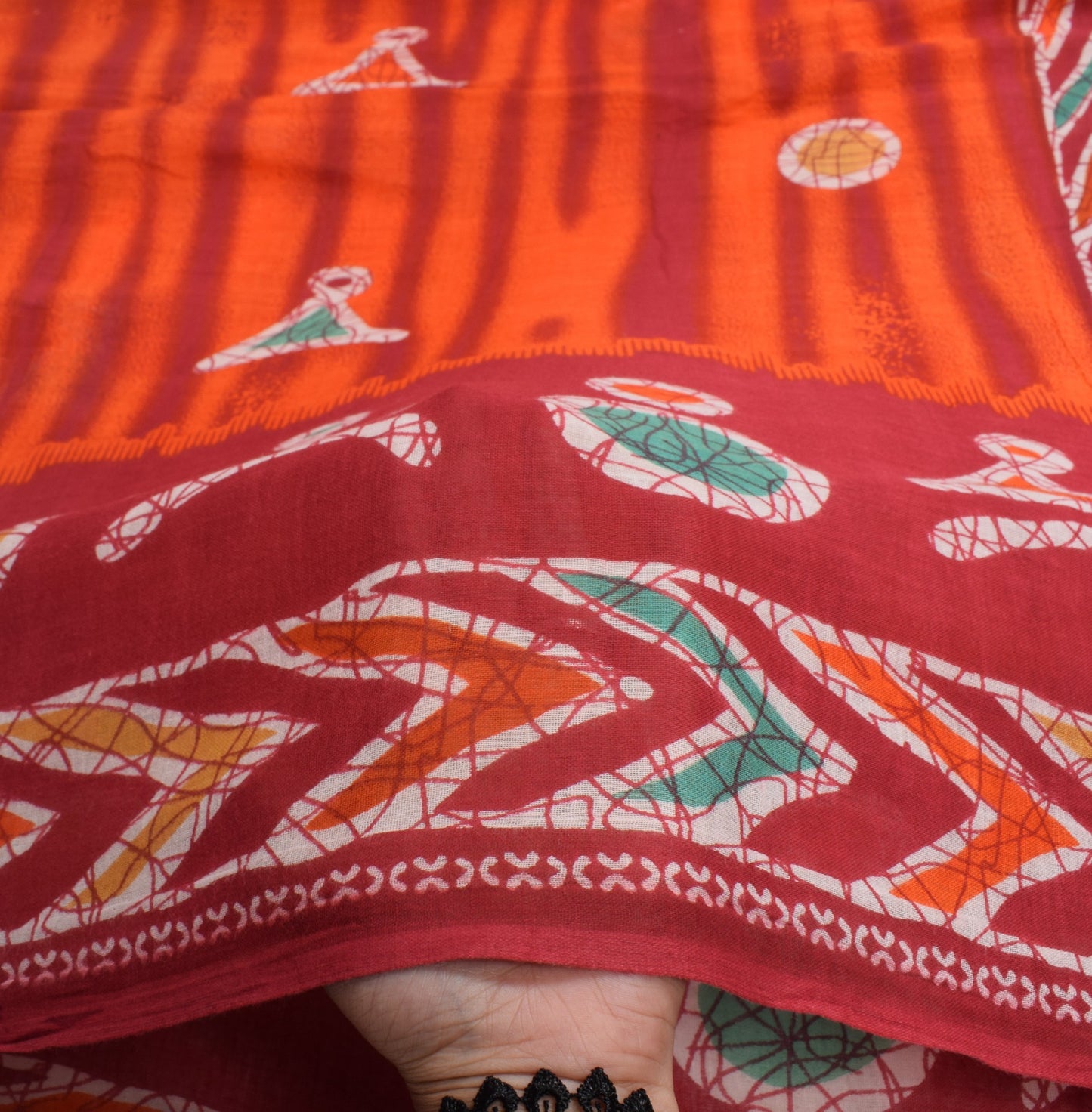 Sushila Vintage Dark Orange Saree 100% Pure Cotton Printed 5YD Soft Craft Fabric