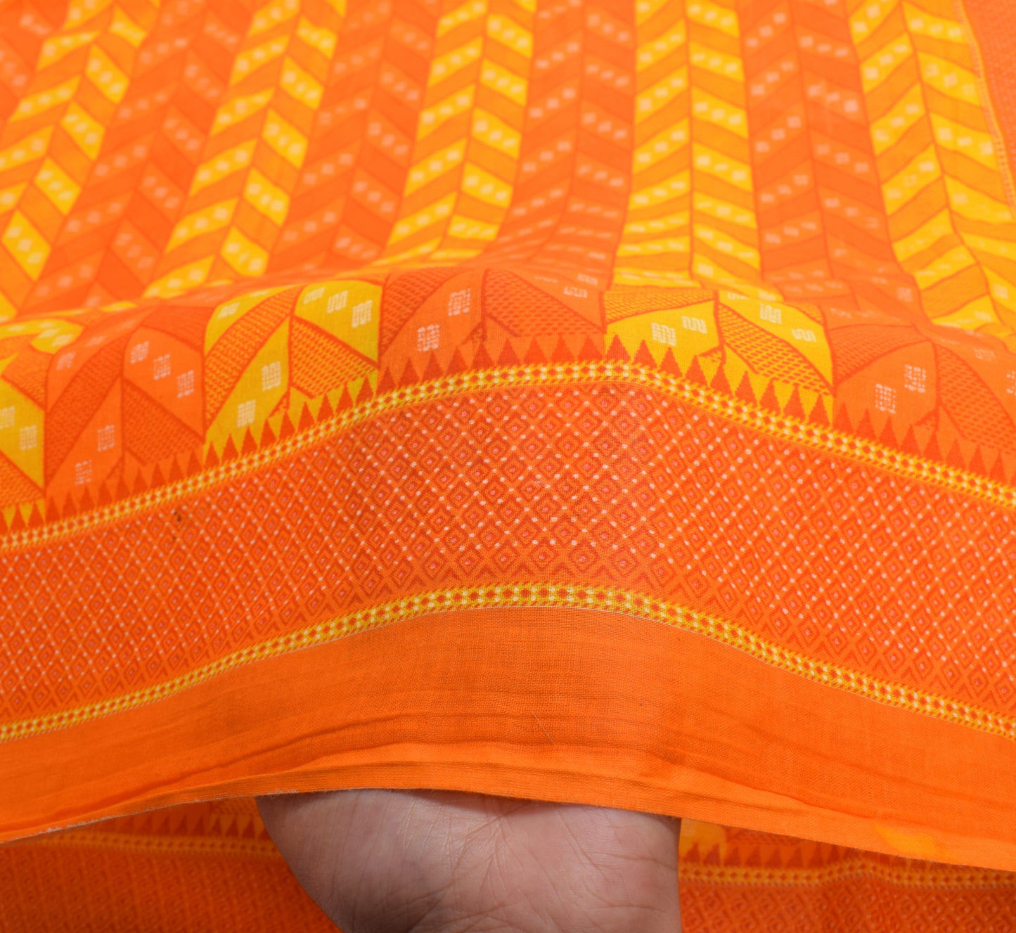 Sushila Vintage Yellow Orange Saree PureCotton Geometric Print Soft Craft Fabric