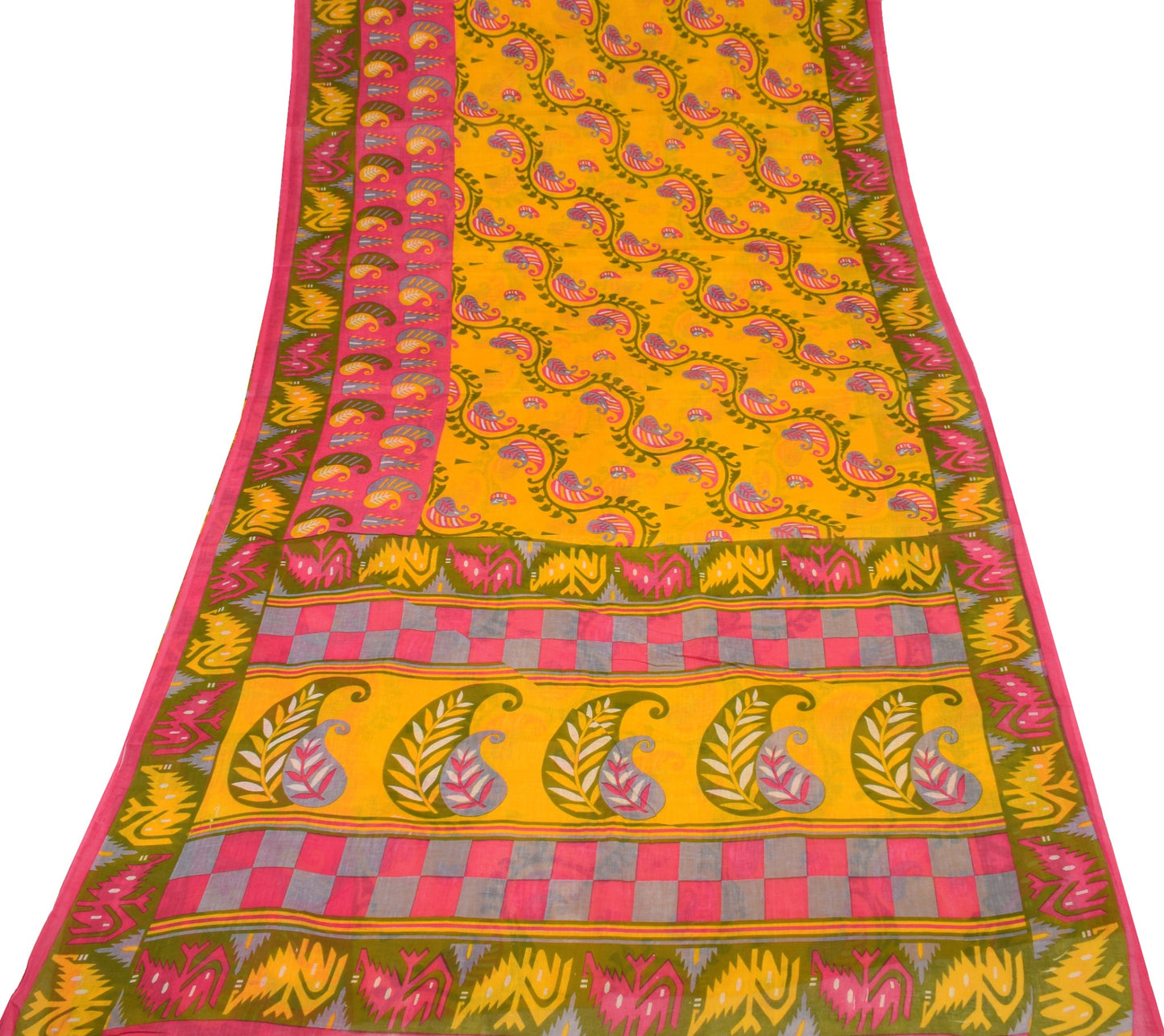 Sushila Vintage Yellow Saree 100% Pure Cotton Paisley Printed 5 Yds Craft Fabric