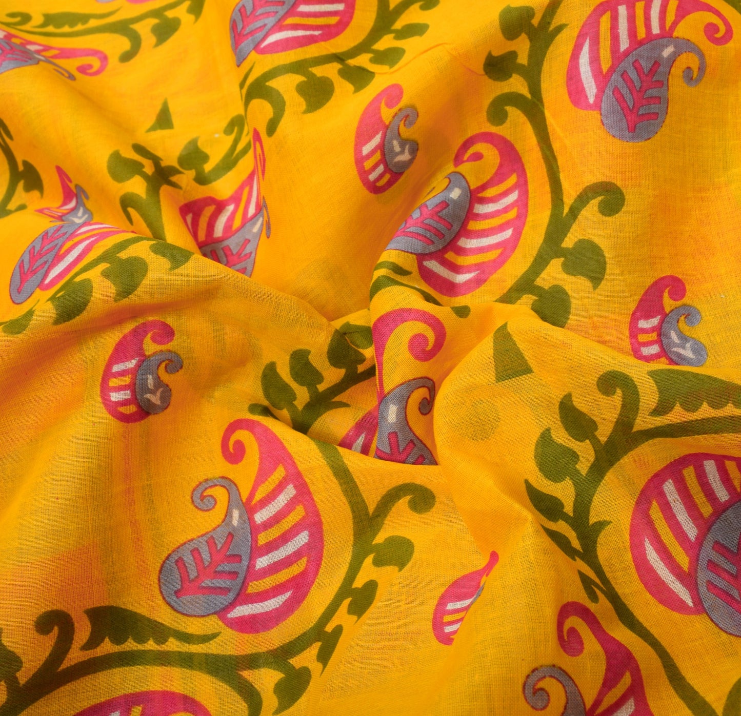 Sushila Vintage Yellow Saree 100% Pure Cotton Paisley Printed 5 Yds Craft Fabric