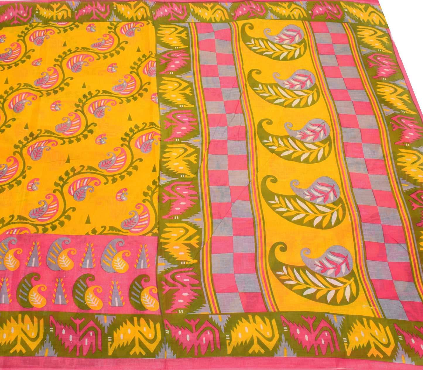Sushila Vintage Yellow Saree 100% Pure Cotton Paisley Printed 5 Yds Craft Fabric