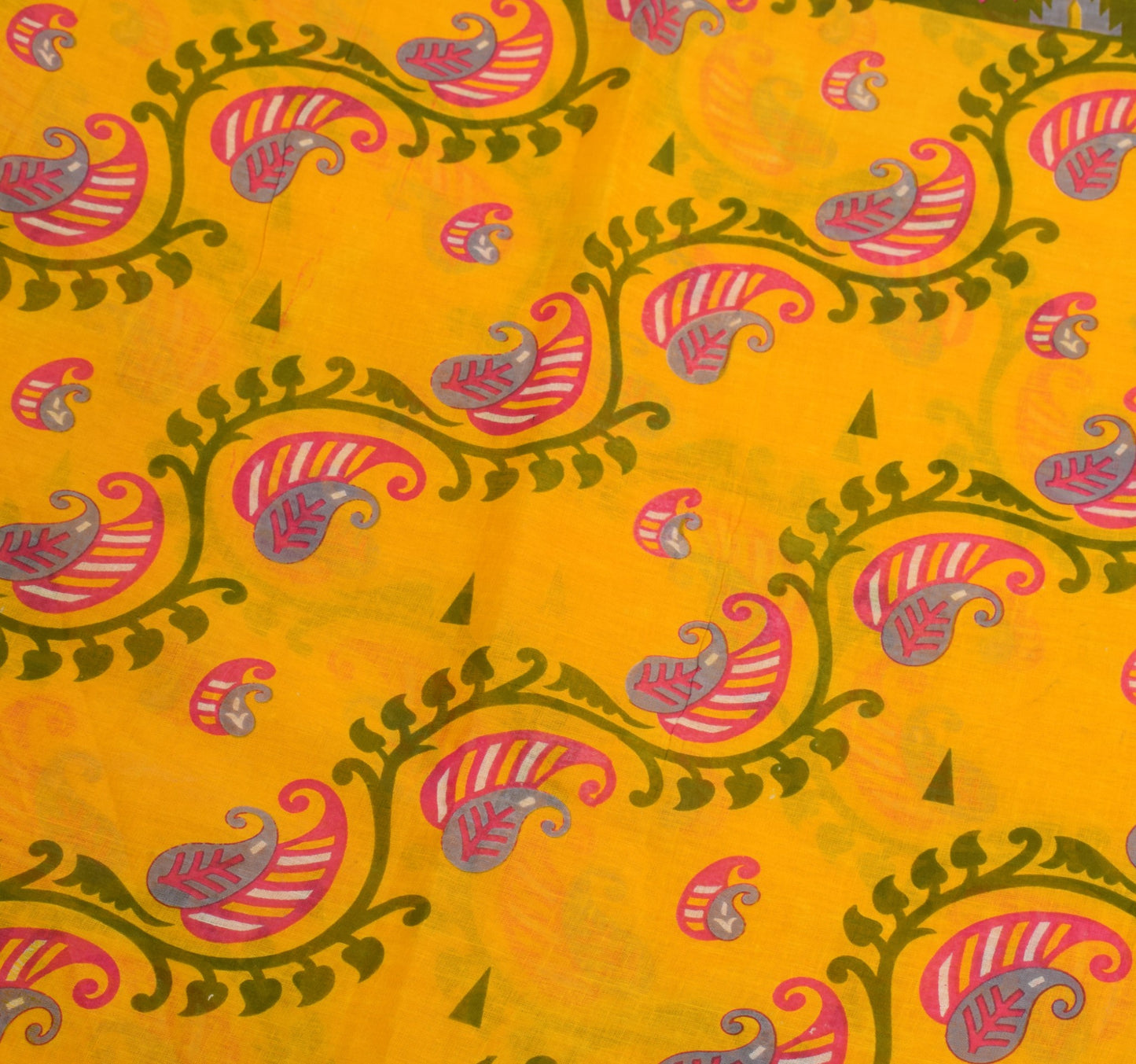 Sushila Vintage Yellow Saree 100% Pure Cotton Paisley Printed 5 Yds Craft Fabric