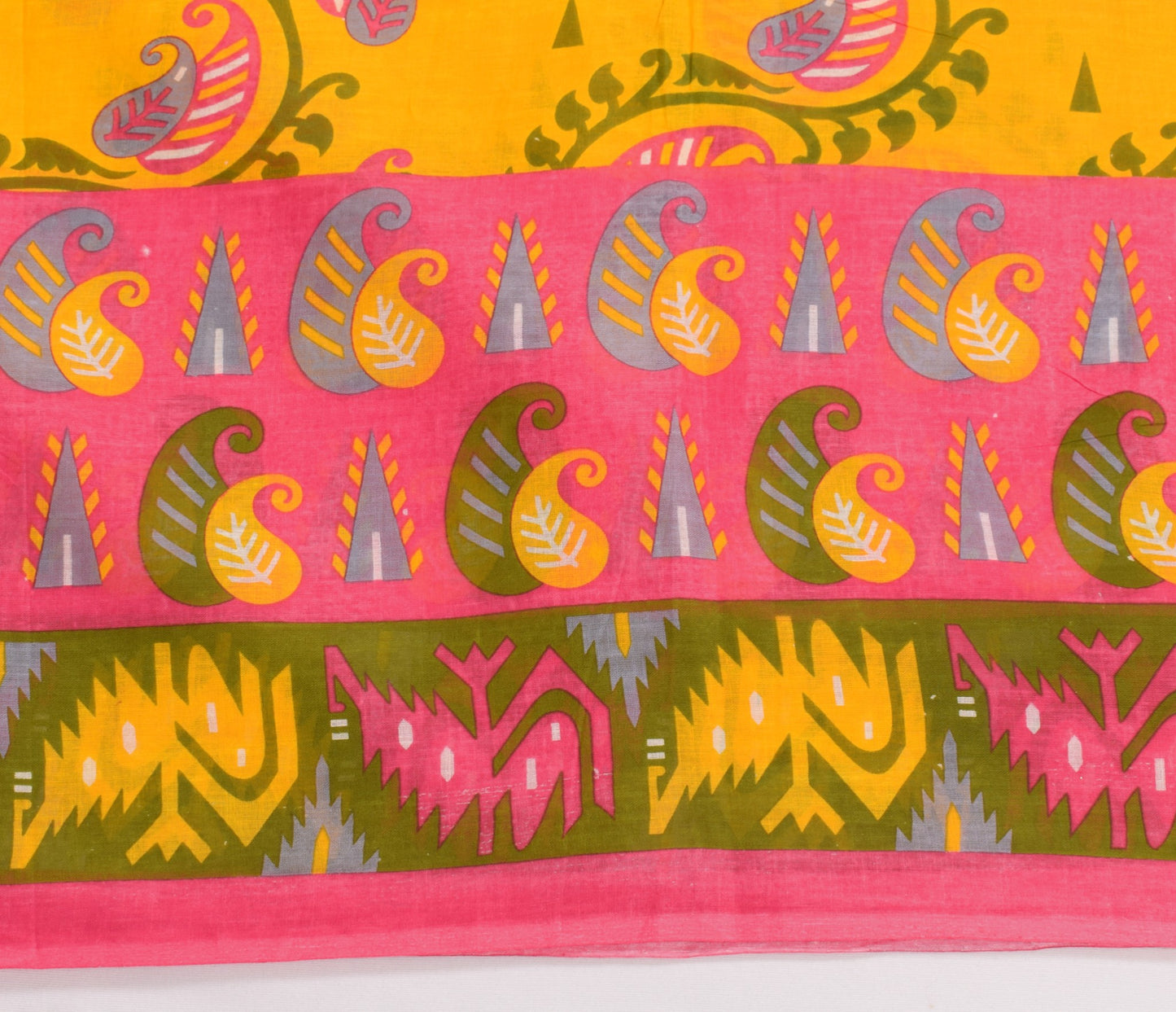 Sushila Vintage Yellow Saree 100% Pure Cotton Paisley Printed 5 Yds Craft Fabric
