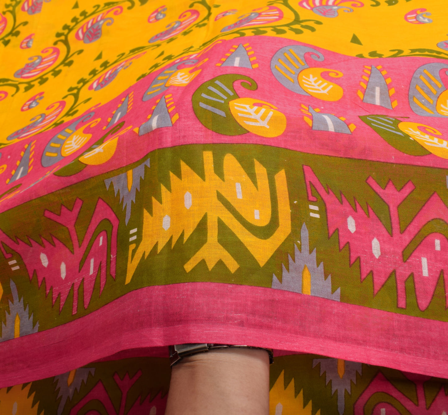 Sushila Vintage Yellow Saree 100% Pure Cotton Paisley Printed 5 Yds Craft Fabric