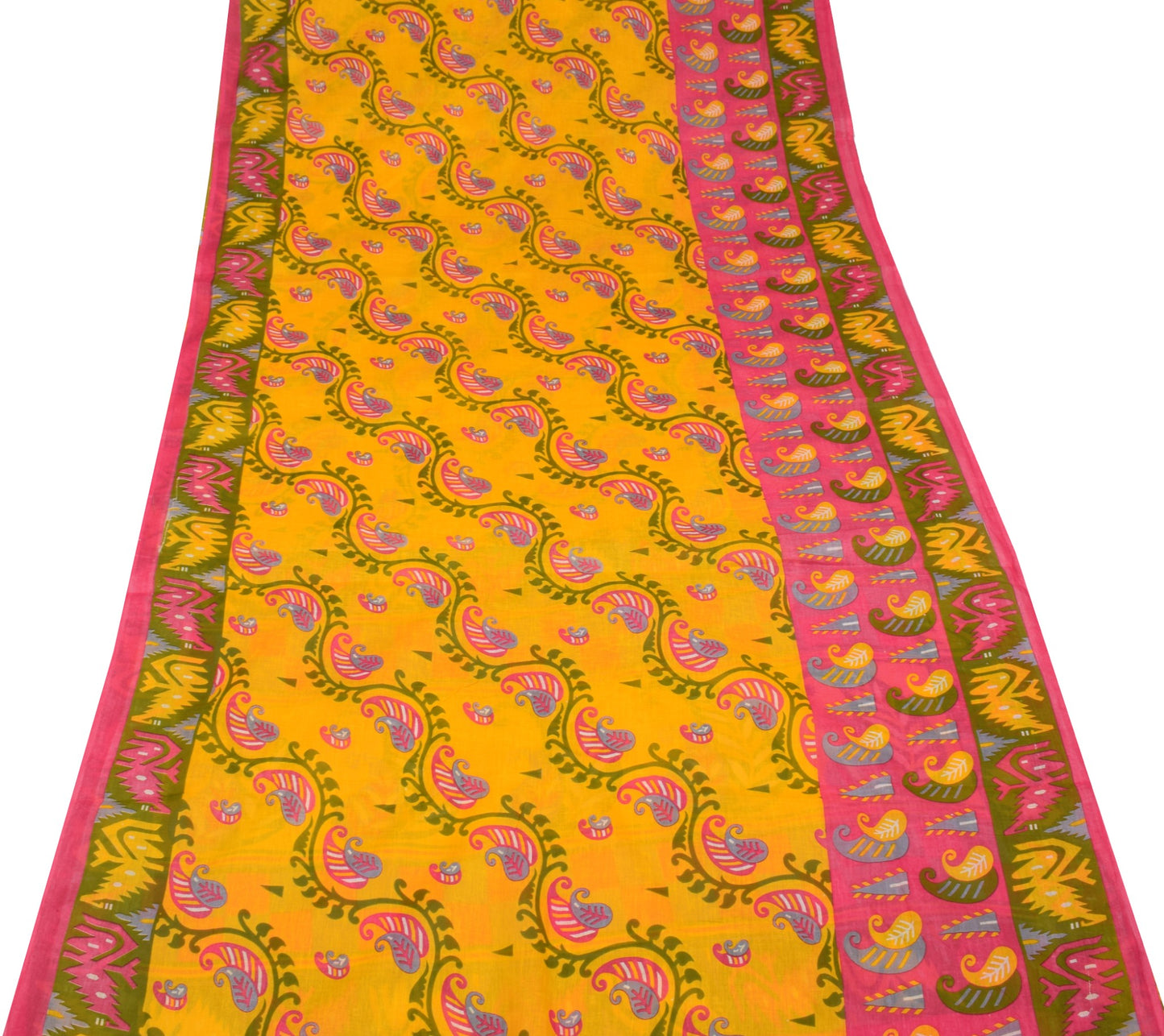 Sushila Vintage Yellow Saree 100% Pure Cotton Paisley Printed 5 Yds Craft Fabric