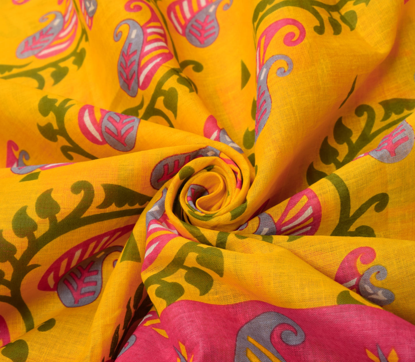 Sushila Vintage Yellow Saree 100% Pure Cotton Paisley Printed 5 Yds Craft Fabric