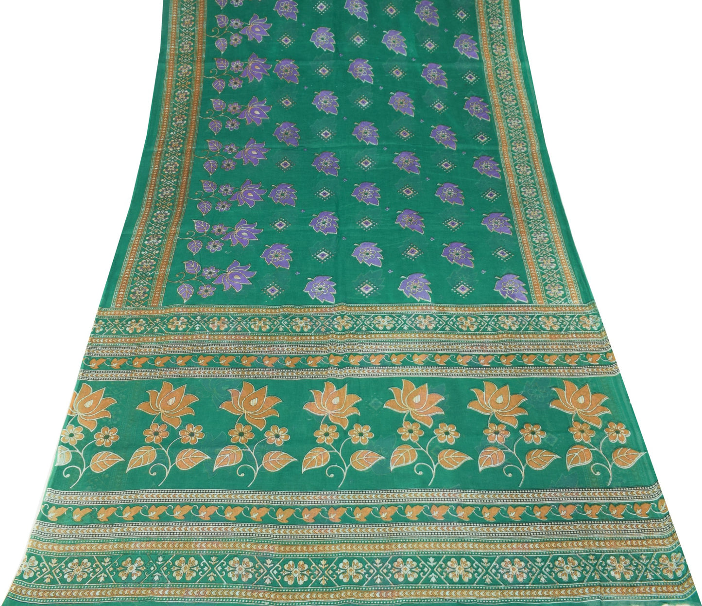 Sushila Vintage Indian Saree 100% Pure Cotton Printed Floral Green Craft Fabric