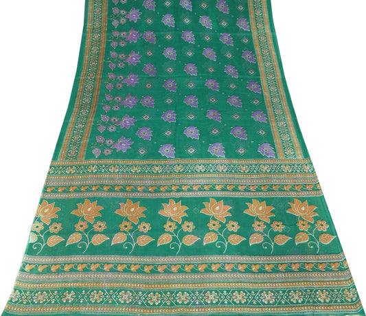 Sushila Vintage Indian Saree 100% Pure Cotton Printed Floral Green Craft Fabric