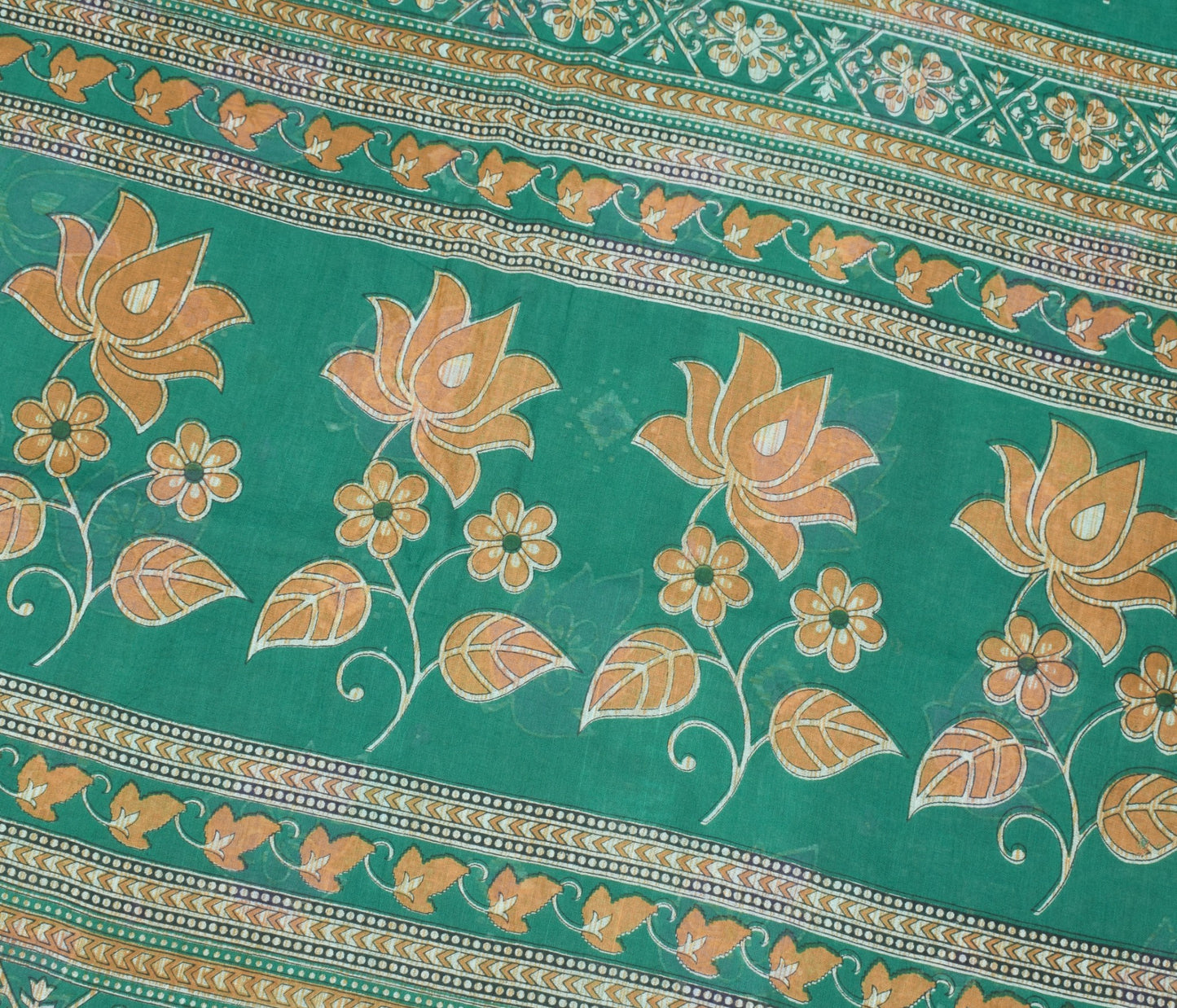 Sushila Vintage Indian Saree 100% Pure Cotton Printed Floral Green Craft Fabric