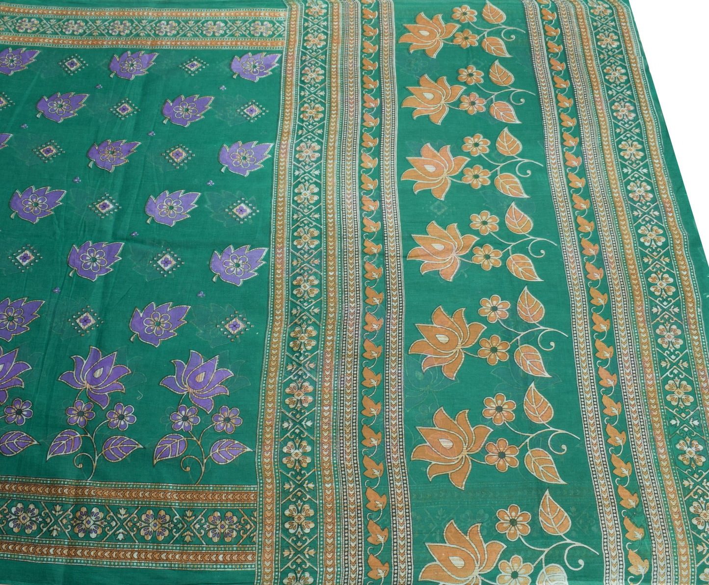 Sushila Vintage Indian Saree 100% Pure Cotton Printed Floral Green Craft Fabric
