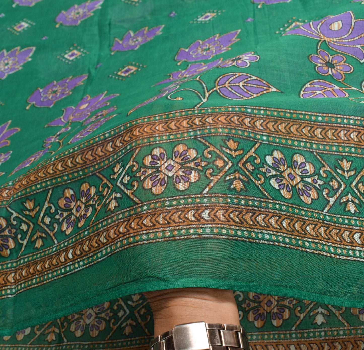 Sushila Vintage Indian Saree 100% Pure Cotton Printed Floral Green Craft Fabric