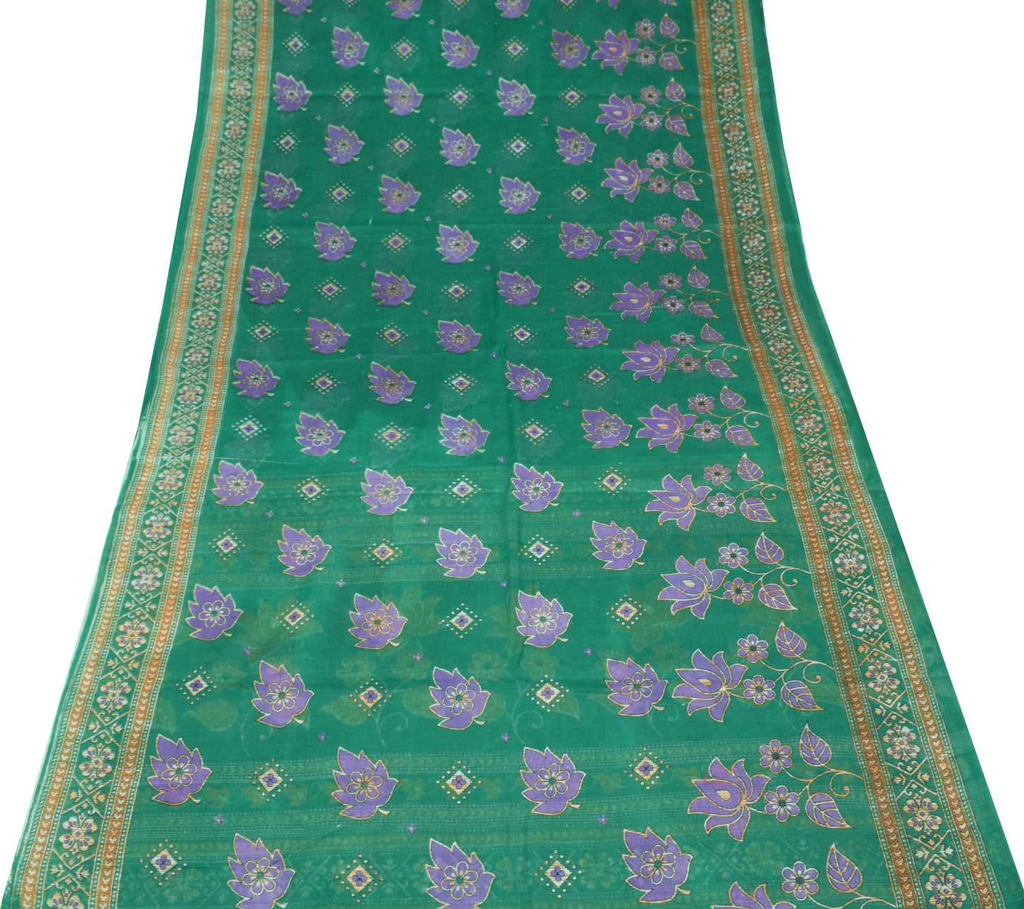 Sushila Vintage Indian Saree 100% Pure Cotton Printed Floral Green Craft Fabric