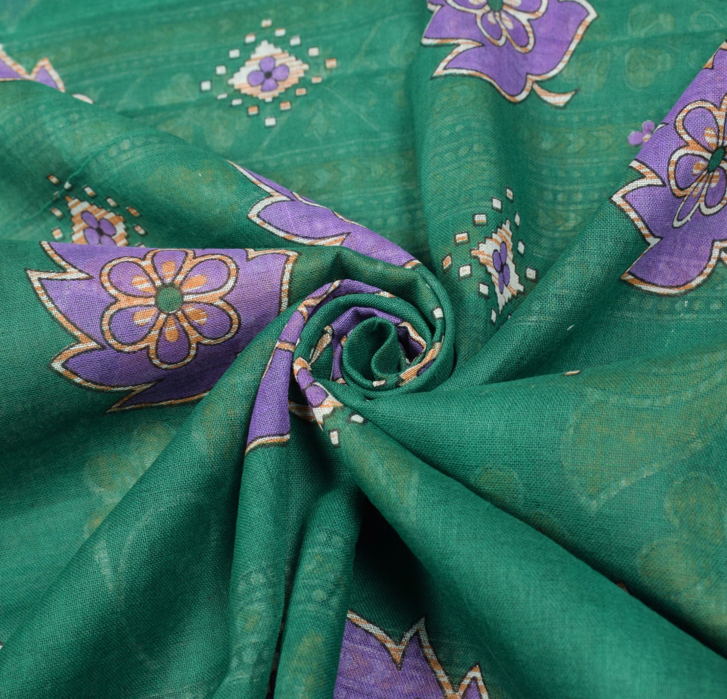 Sushila Vintage Indian Saree 100% Pure Cotton Printed Floral Green Craft Fabric