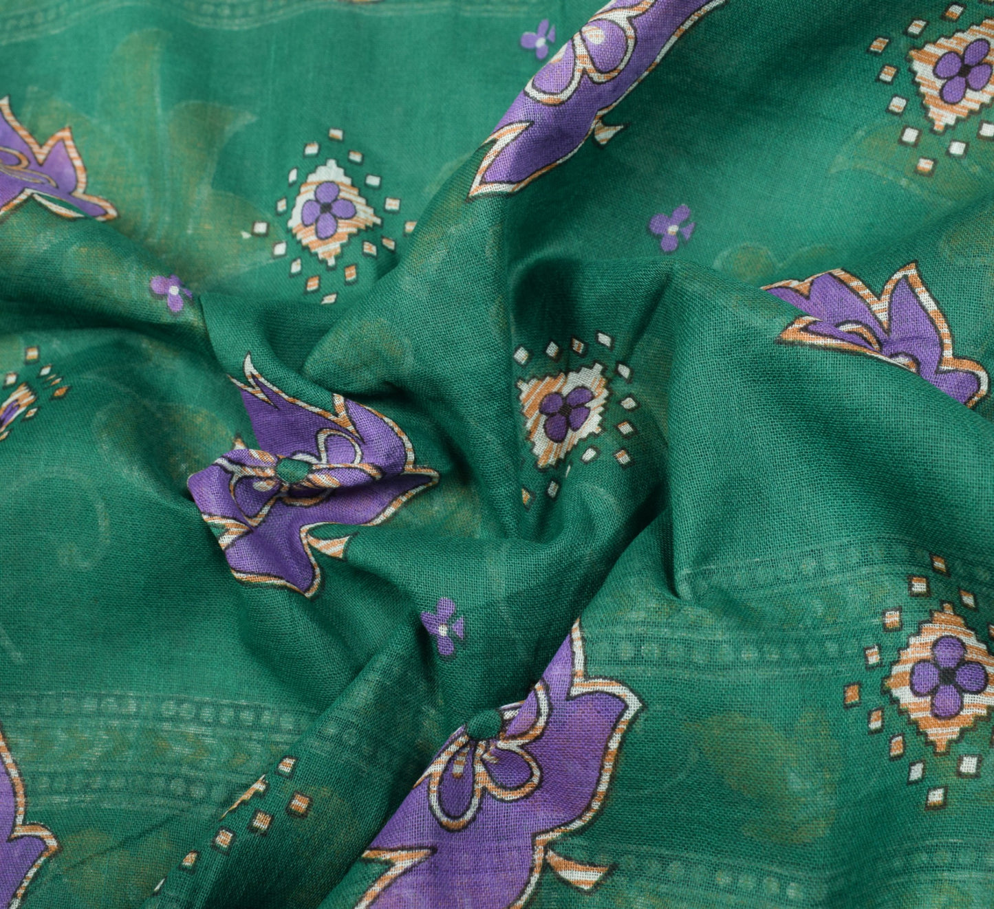 Sushila Vintage Indian Saree 100% Pure Cotton Printed Floral Green Craft Fabric