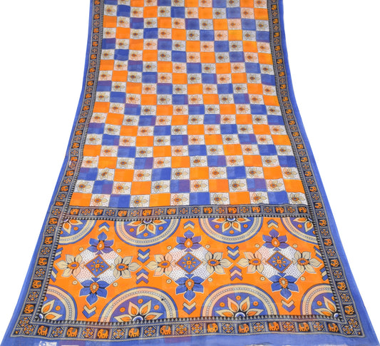 Sushila Vintage Blue Orange Saree 100% Pure Cotton Printed Soft Craft Fabric
