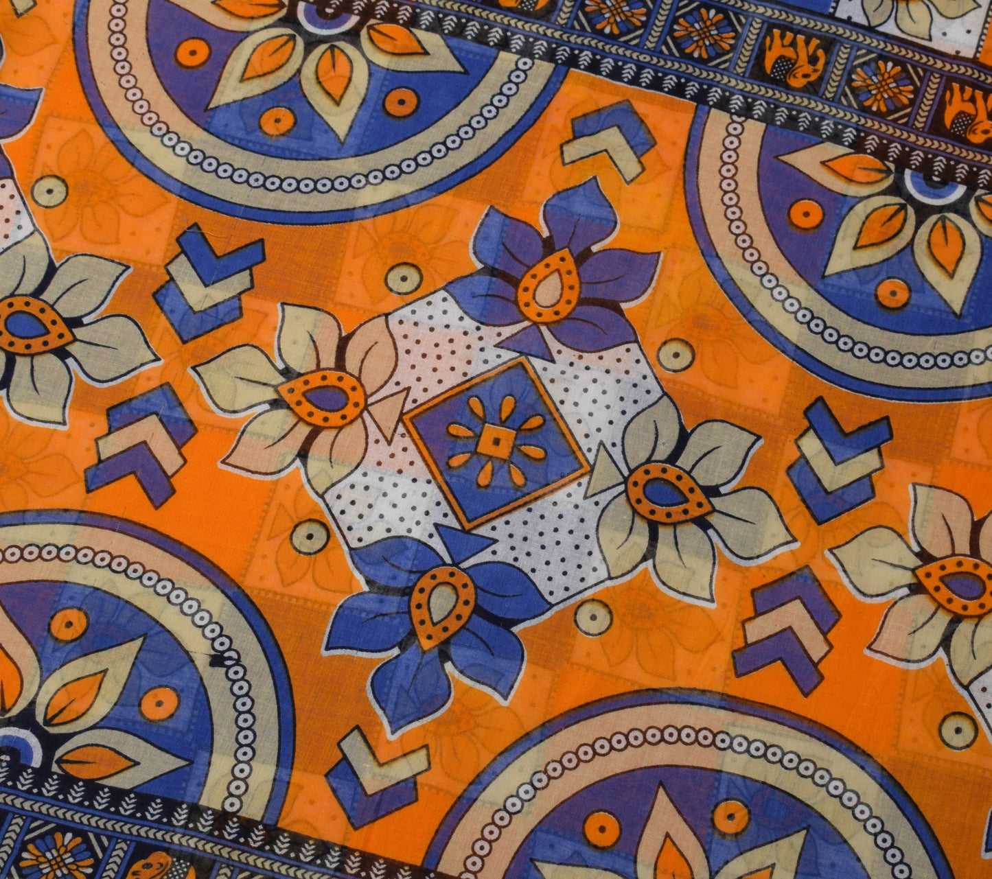 Sushila Vintage Blue Orange Saree 100% Pure Cotton Printed Soft Craft Fabric