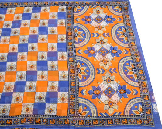 Sushila Vintage Blue Orange Saree 100% Pure Cotton Printed Soft Craft Fabric