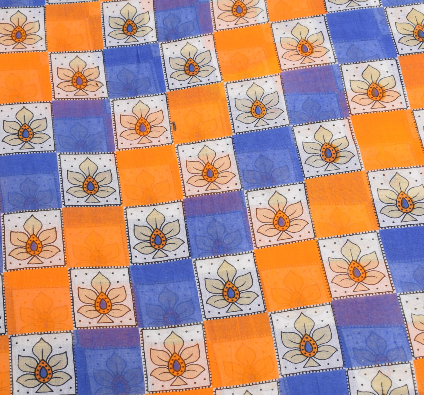 Sushila Vintage Blue Orange Saree 100% Pure Cotton Printed Soft Craft Fabric