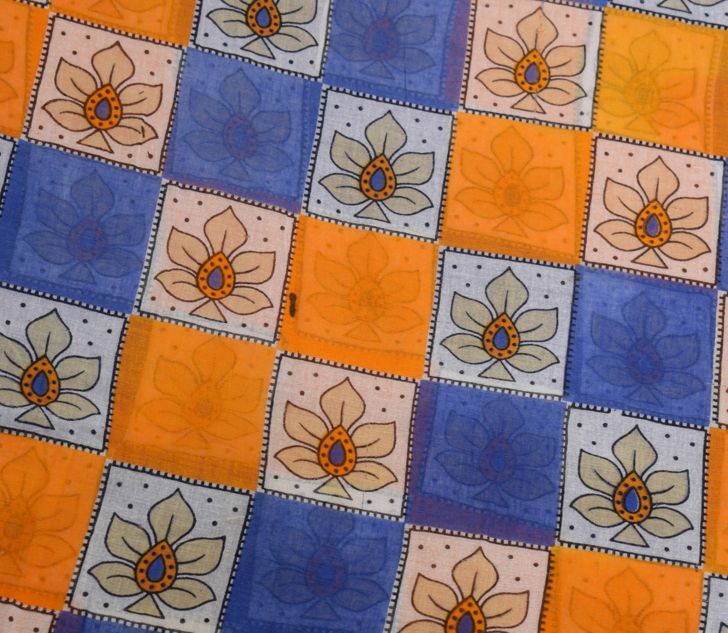 Sushila Vintage Blue Orange Saree 100% Pure Cotton Printed Soft Craft Fabric