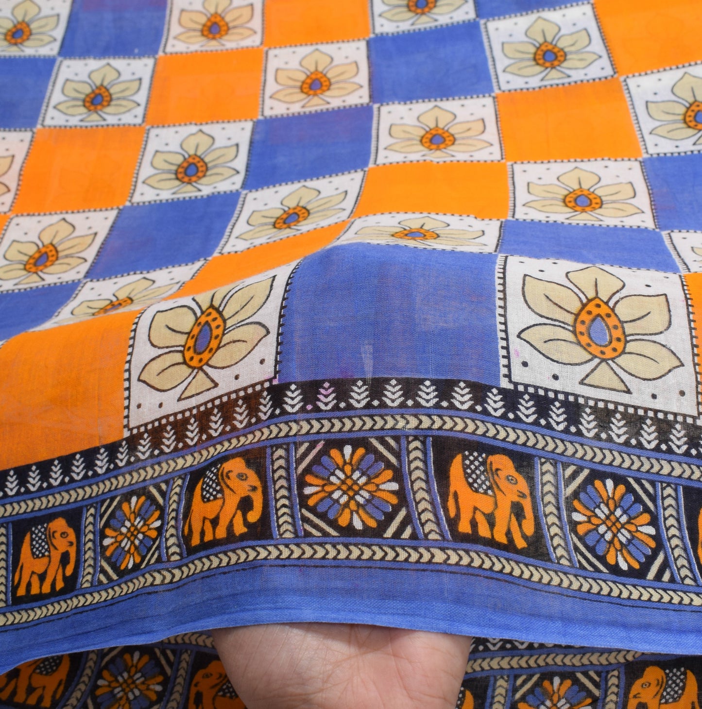 Sushila Vintage Blue Orange Saree 100% Pure Cotton Printed Soft Craft Fabric
