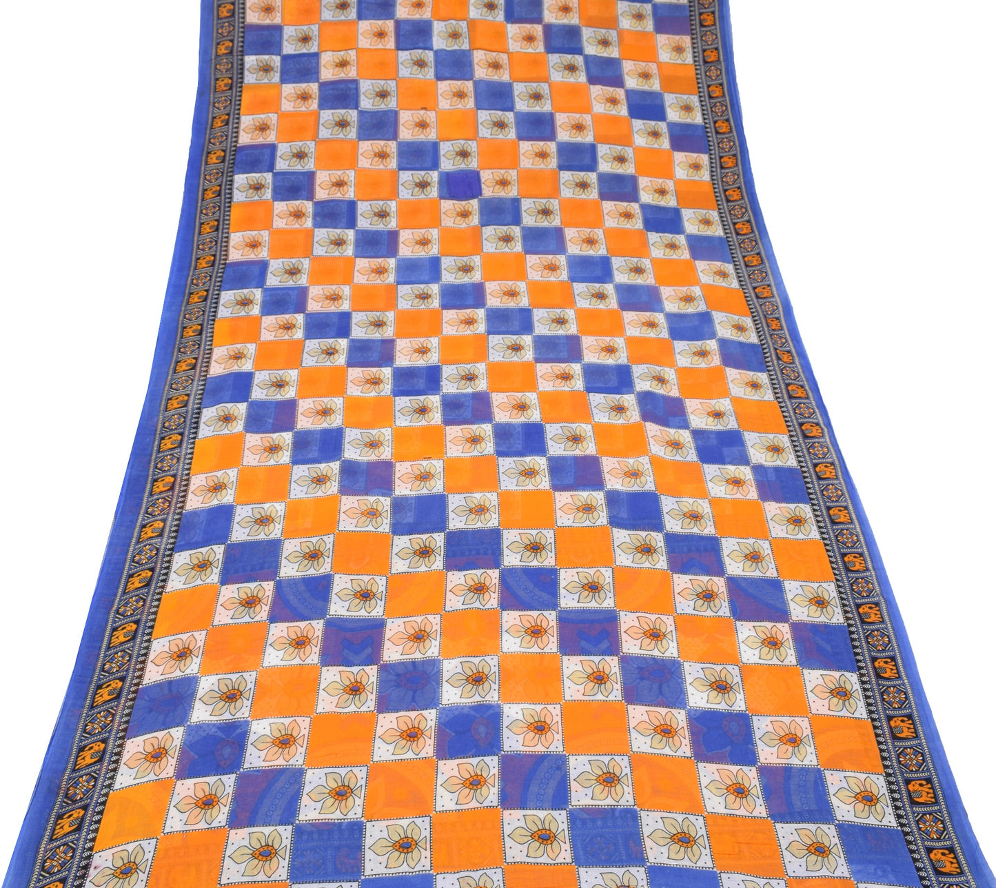 Sushila Vintage Blue Orange Saree 100% Pure Cotton Printed Soft Craft Fabric