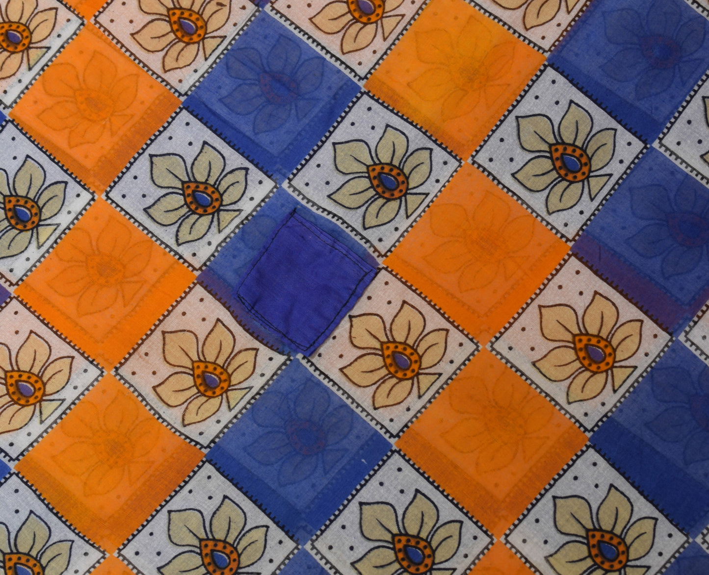 Sushila Vintage Blue Orange Saree 100% Pure Cotton Printed Soft Craft Fabric