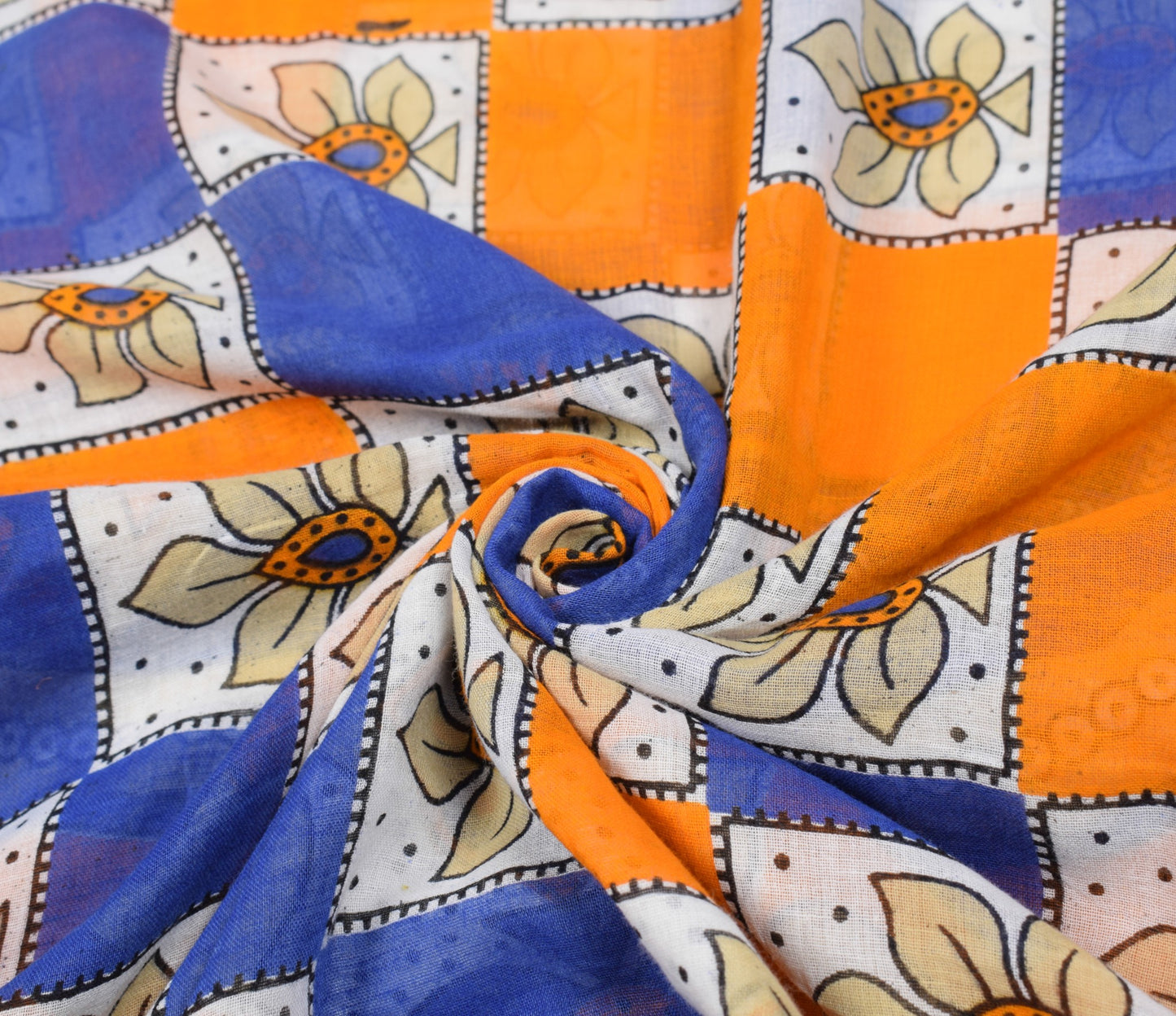 Sushila Vintage Blue Orange Saree 100% Pure Cotton Printed Soft Craft Fabric