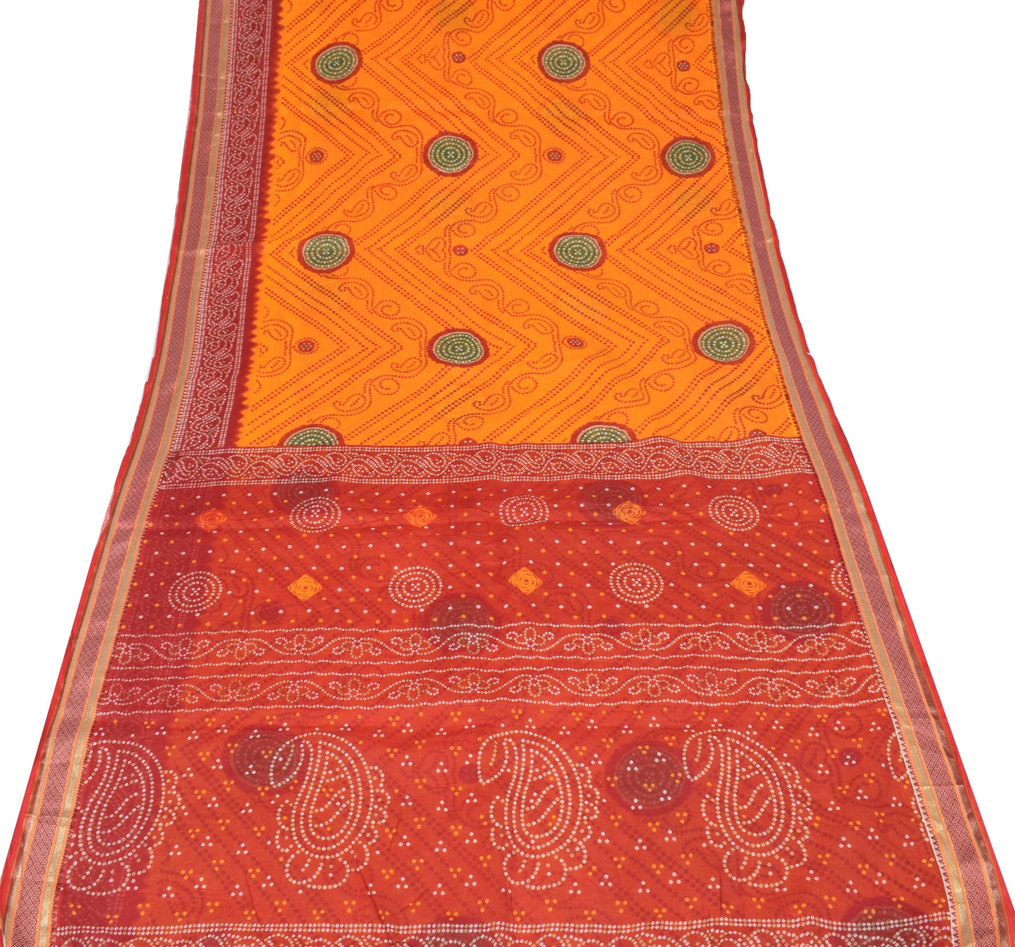 Sushila Vintage Orange Red Saree Pure Cotton Printed Bandhani Sari Craft Fabric