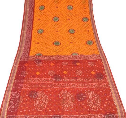 Sushila Vintage Orange Red Saree Pure Cotton Printed Bandhani Sari Craft Fabric