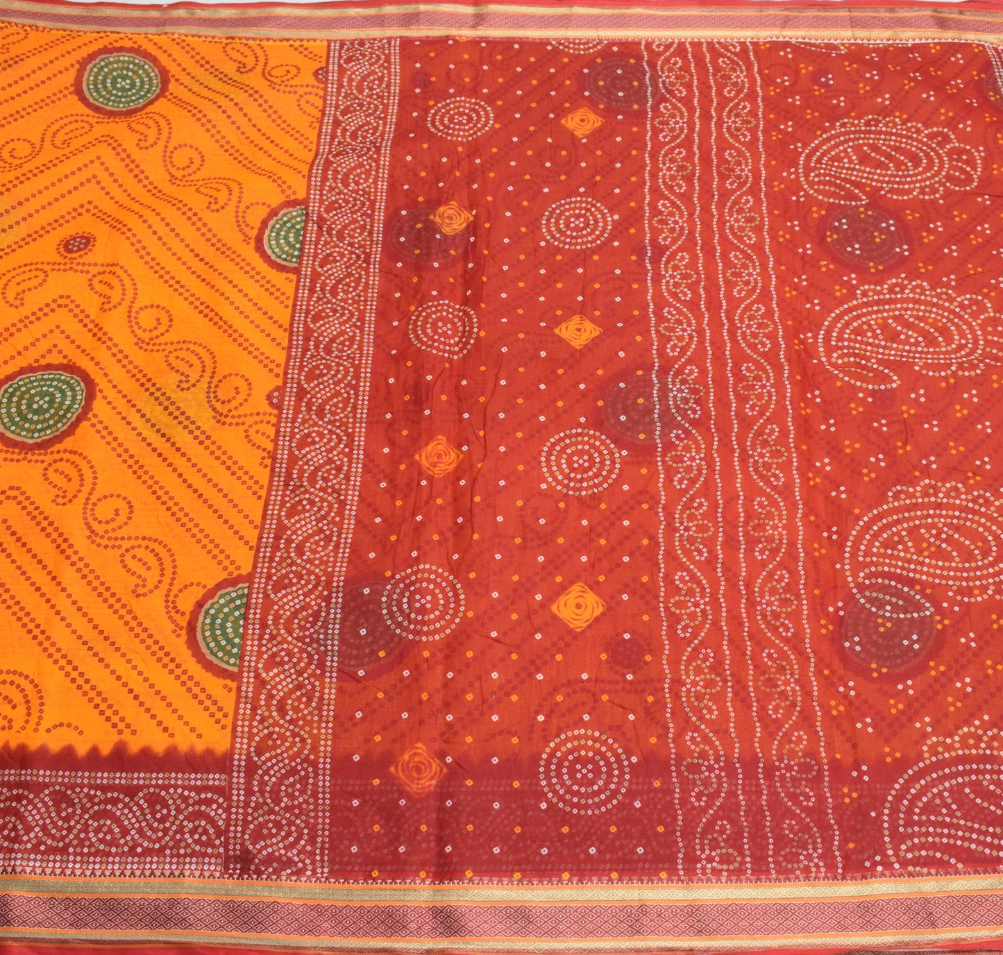 Sushila Vintage Orange Red Saree Pure Cotton Printed Bandhani Sari Craft Fabric