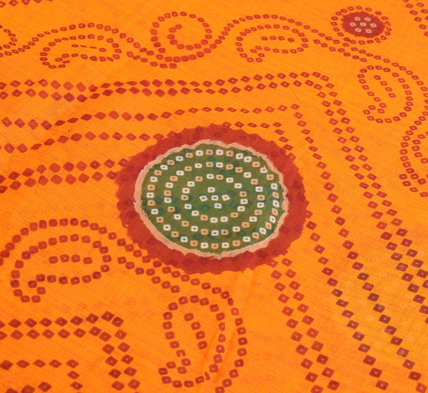 Sushila Vintage Orange Red Saree Pure Cotton Printed Bandhani Sari Craft Fabric