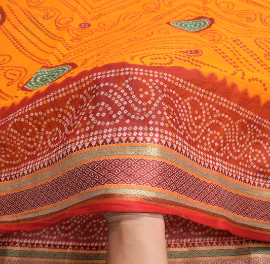 Sushila Vintage Orange Red Saree Pure Cotton Printed Bandhani Sari Craft Fabric