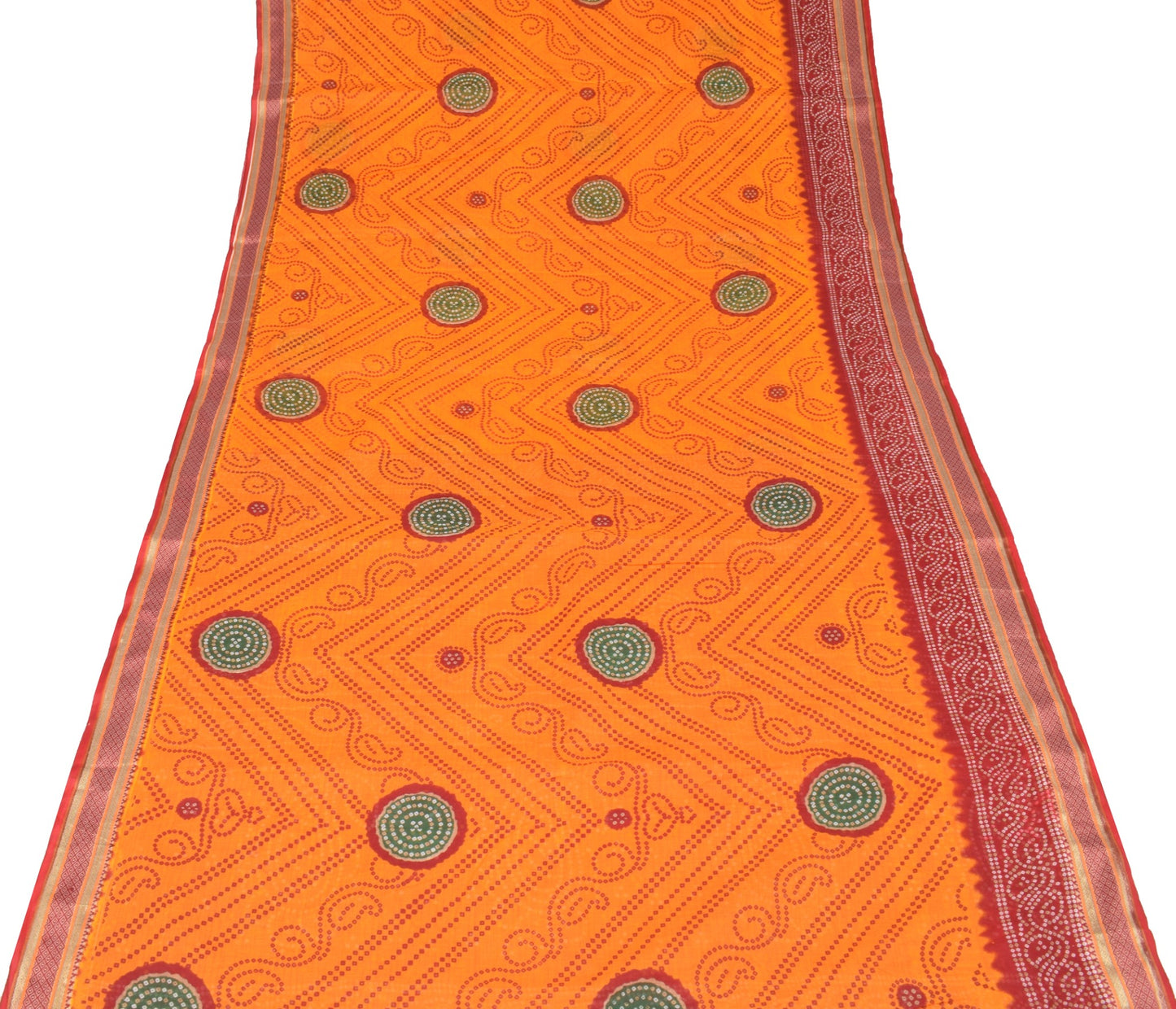Sushila Vintage Orange Red Saree Pure Cotton Printed Bandhani Sari Craft Fabric